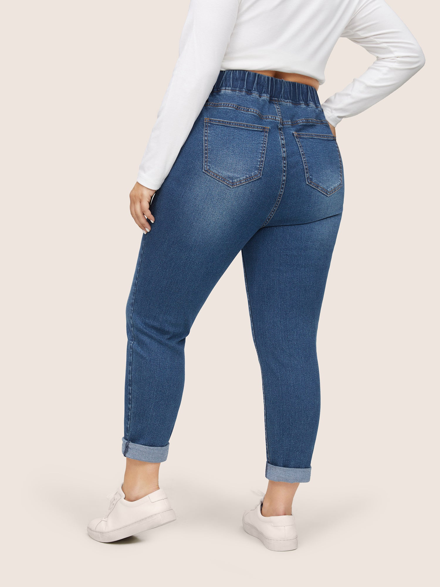 Pull-On Drawstring Folded Hem Boyfriend Jeans - Image 18