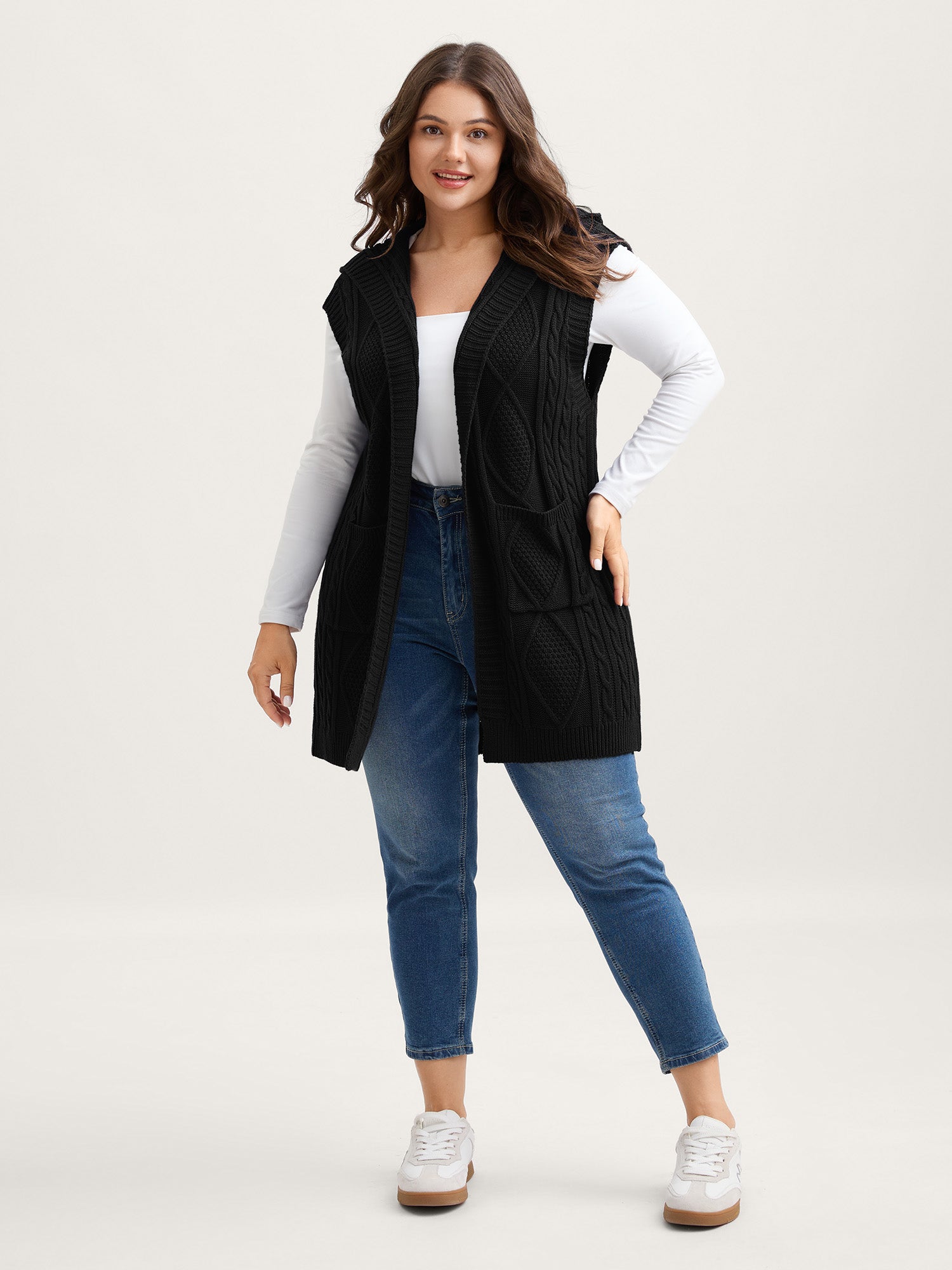 Hooded Sleeveless Cable Knit Cardigan - Image 9