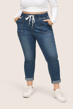 Pull-On Drawstring Folded Hem Boyfriend Jeans