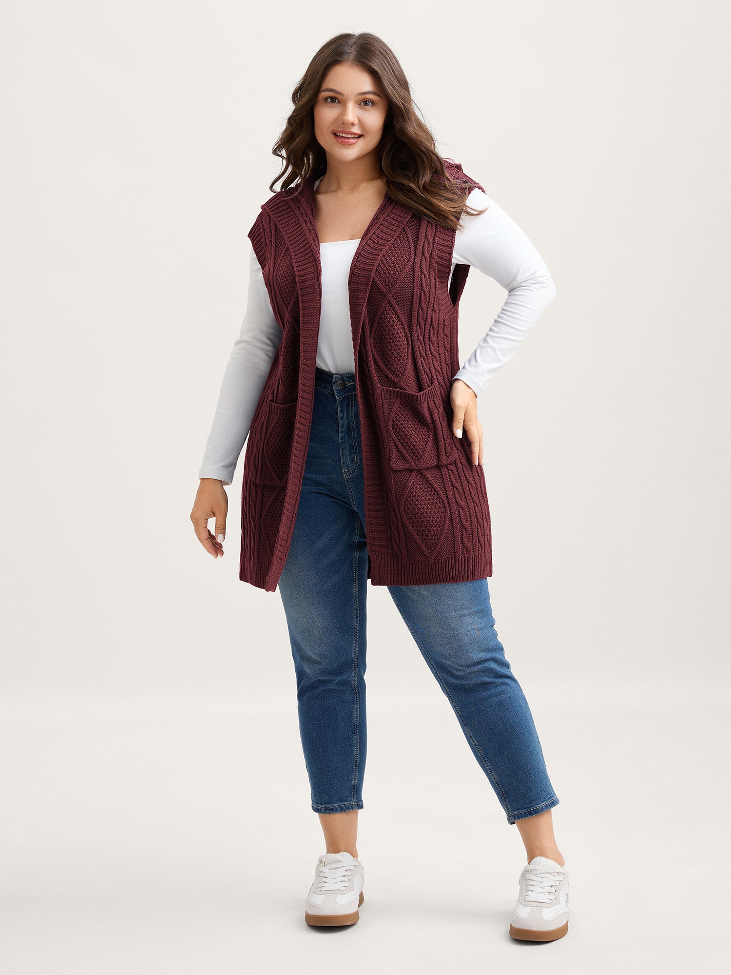Hooded Sleeveless Cable Knit Cardigan - Image 33