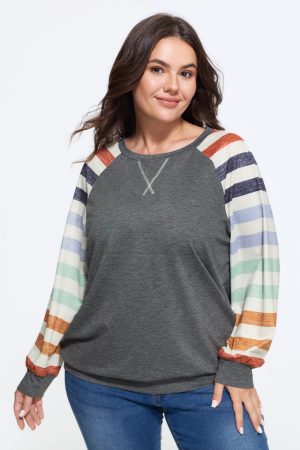 Supersoft Colorful Striped Sleeve Criss‑Cross Stitch Sweatshirt