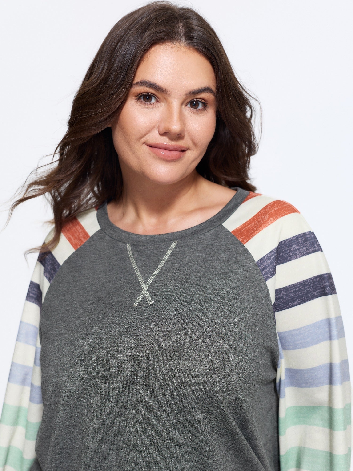 Supersoft Colorful Striped Sleeve Criss‑Cross Stitch Sweatshirt - Image 2