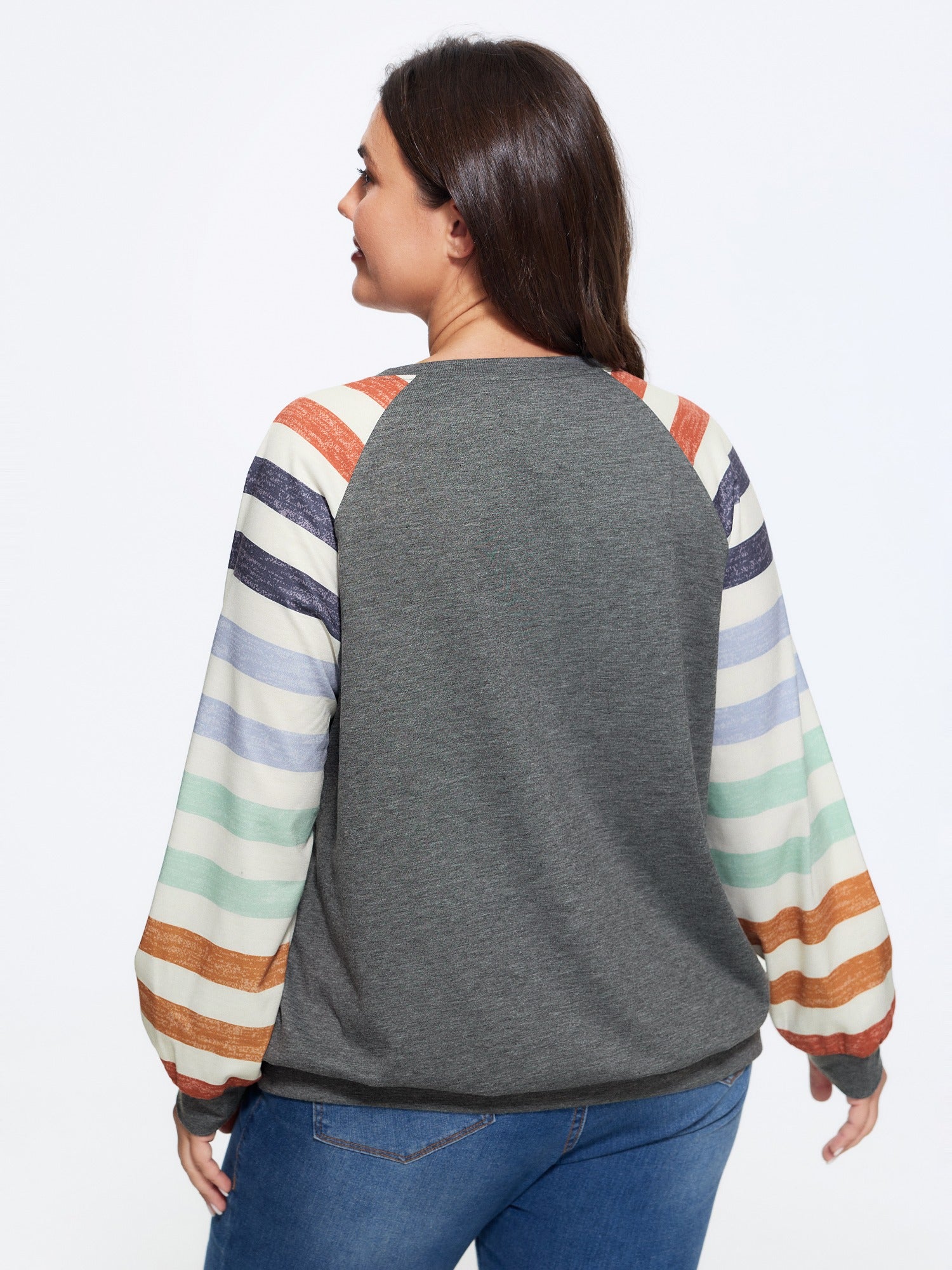 Supersoft Colorful Striped Sleeve Criss‑Cross Stitch Sweatshirt - Image 3