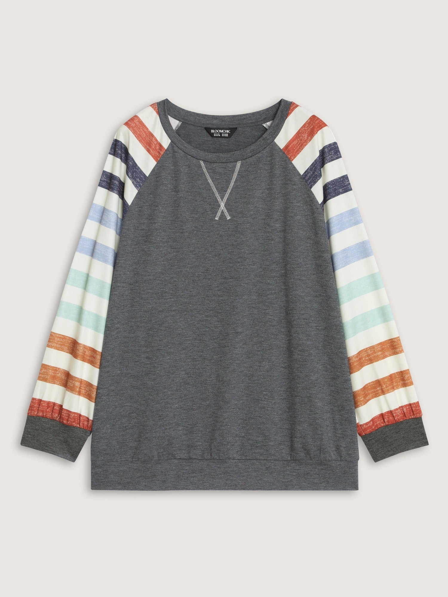 Supersoft Colorful Striped Sleeve Criss‑Cross Stitch Sweatshirt - Image 8