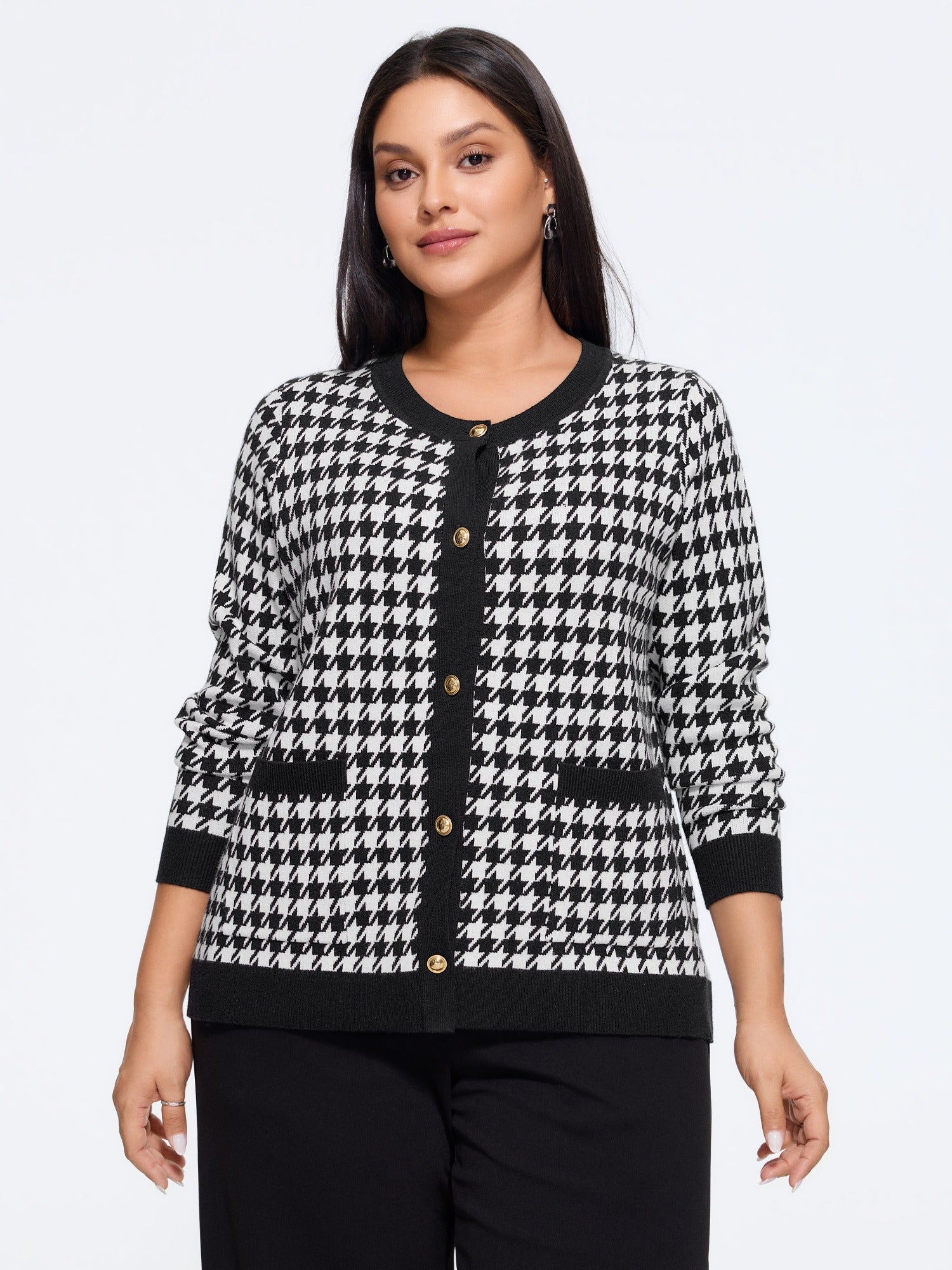Supersoft Round Neck Button Houndstooth Cardigan - Image 2