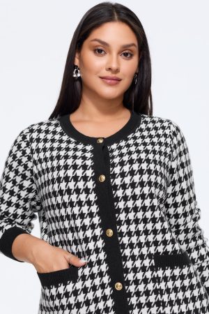 Supersoft Round Neck Button Houndstooth Cardigan