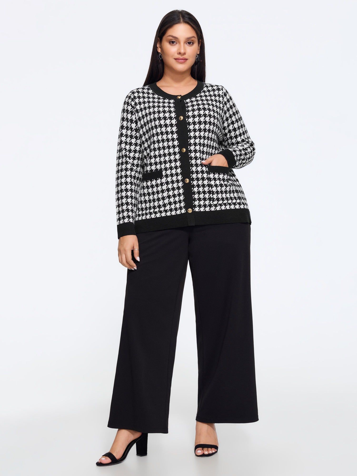 Supersoft Round Neck Button Houndstooth Cardigan - Image 4