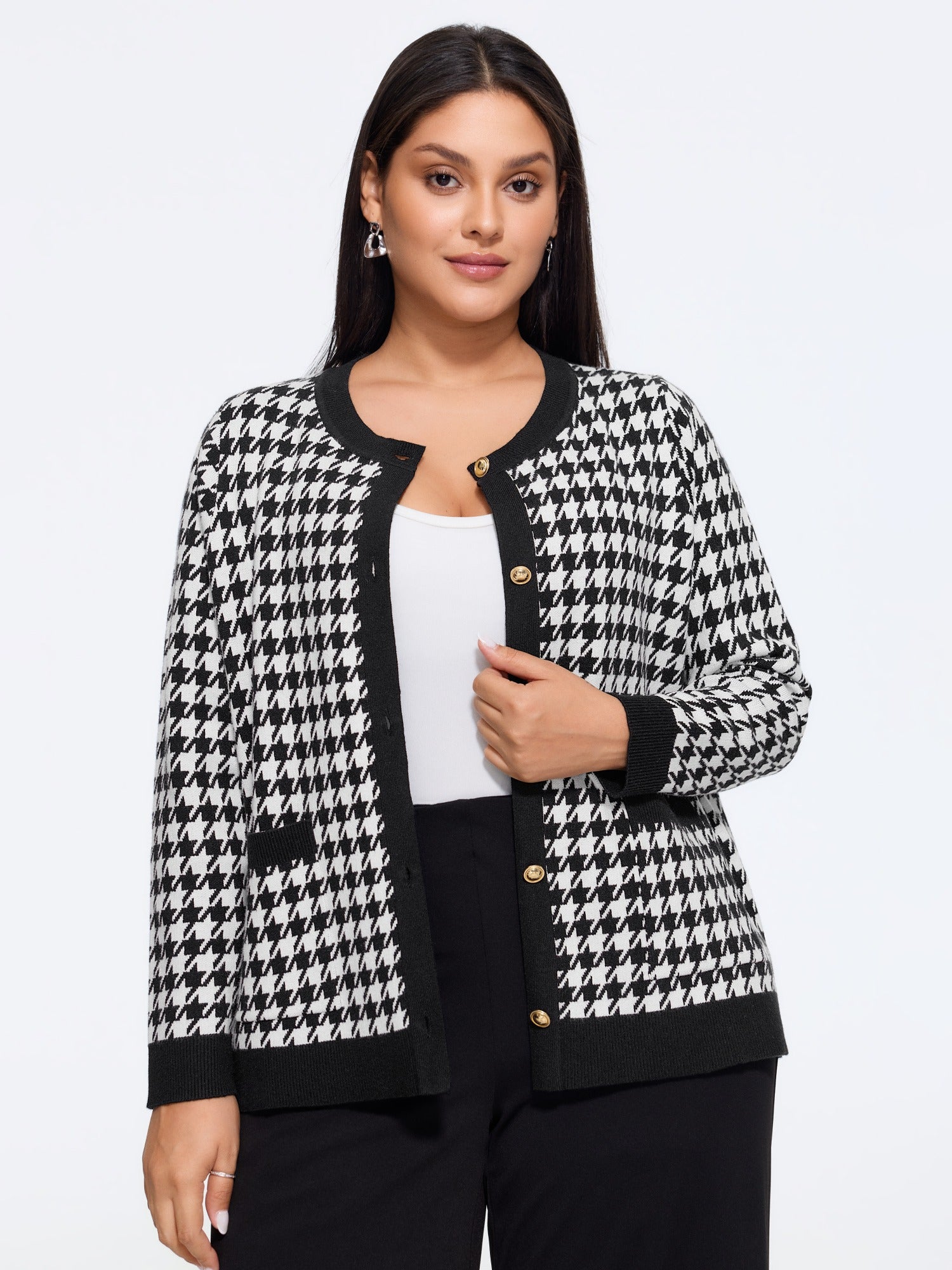 Supersoft Round Neck Button Houndstooth Cardigan - Image 5