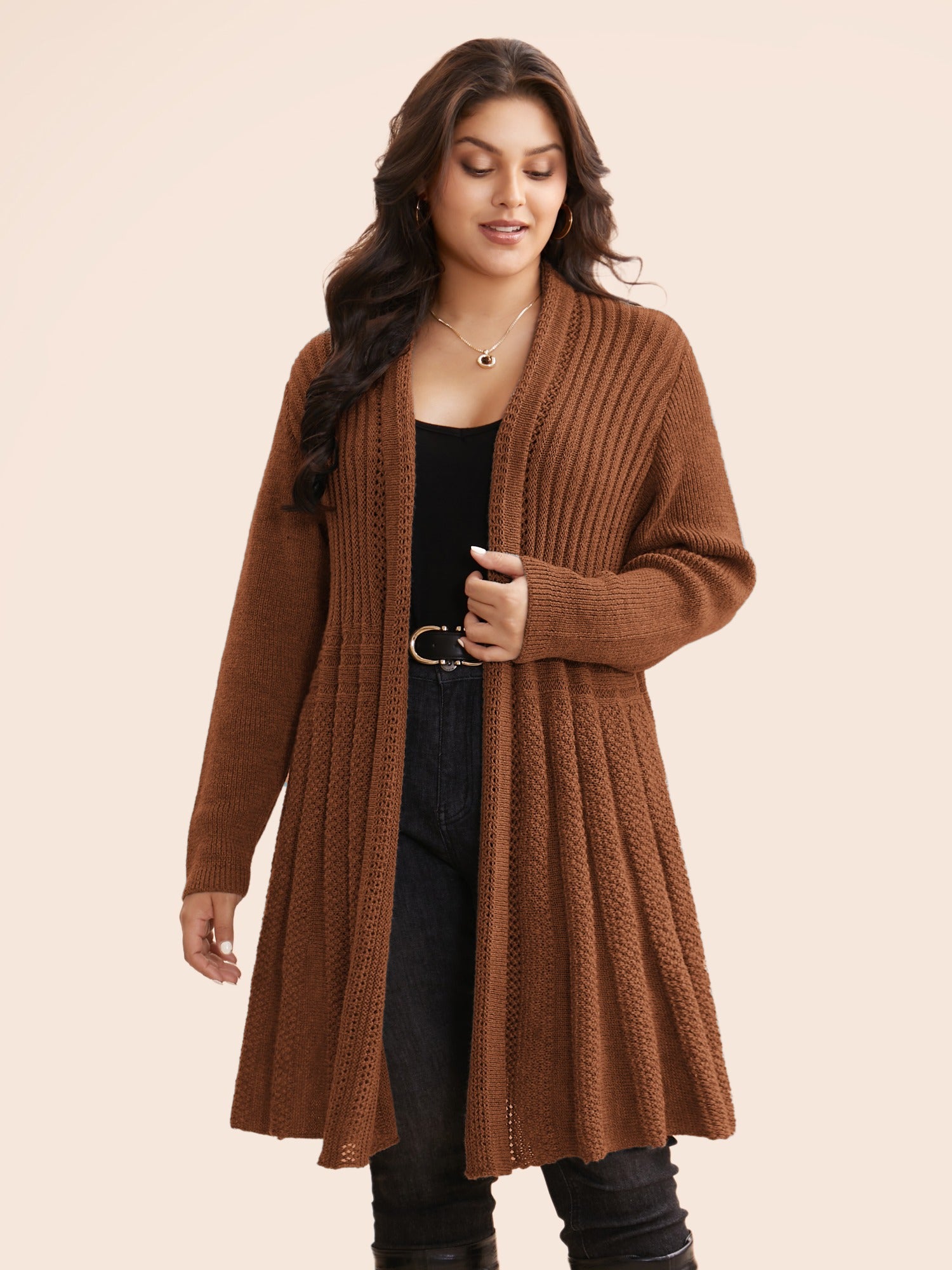 Textured Kimono Collar Long Cardigan - Image 43