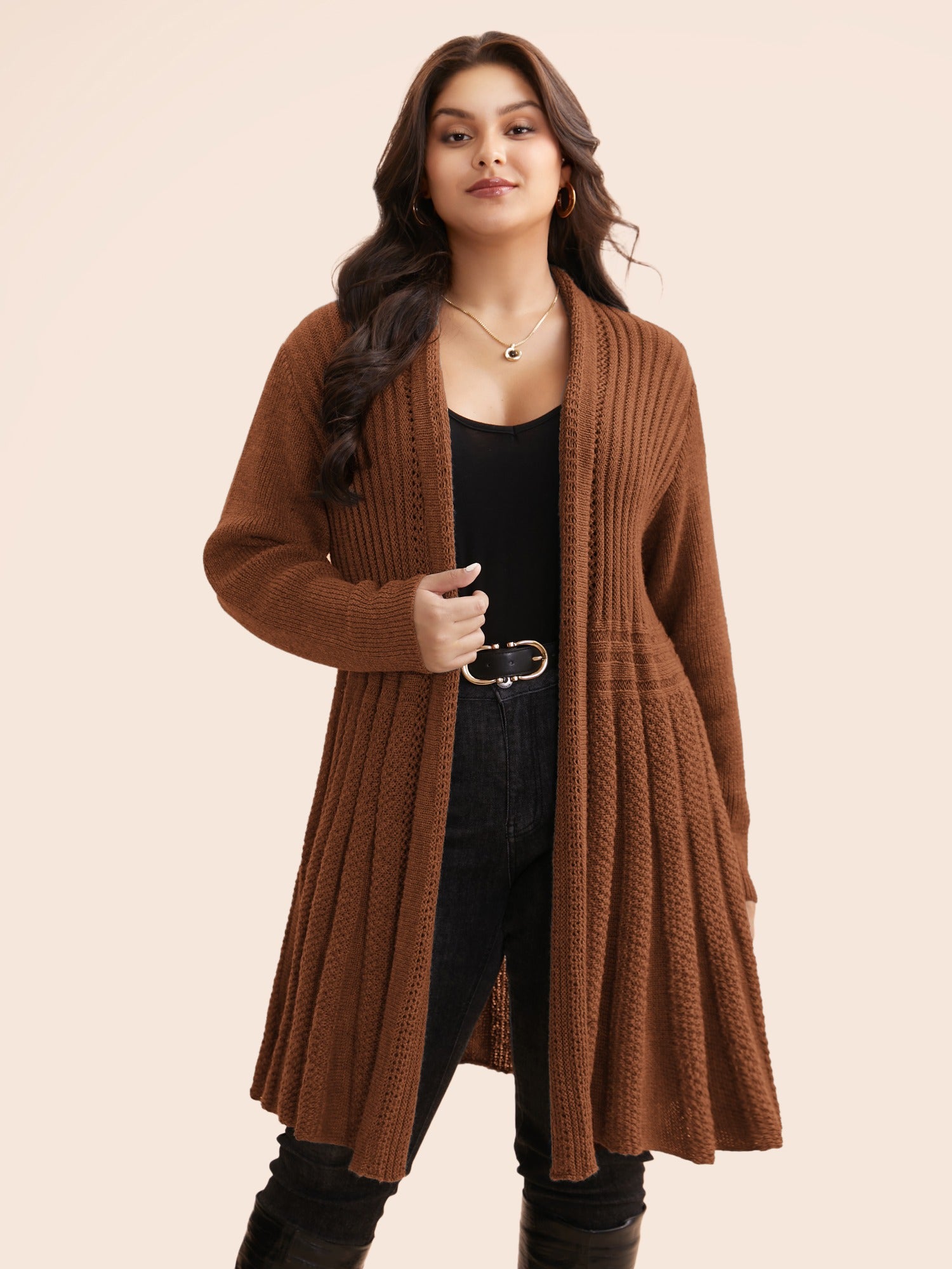 Textured Kimono Collar Long Cardigan - Image 45