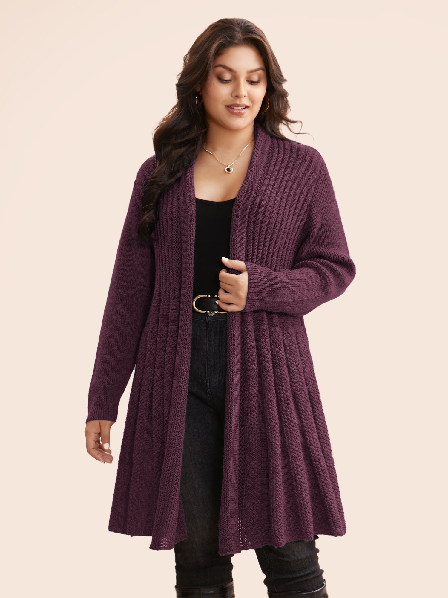 Textured Kimono Collar Long Cardigan - Image 19