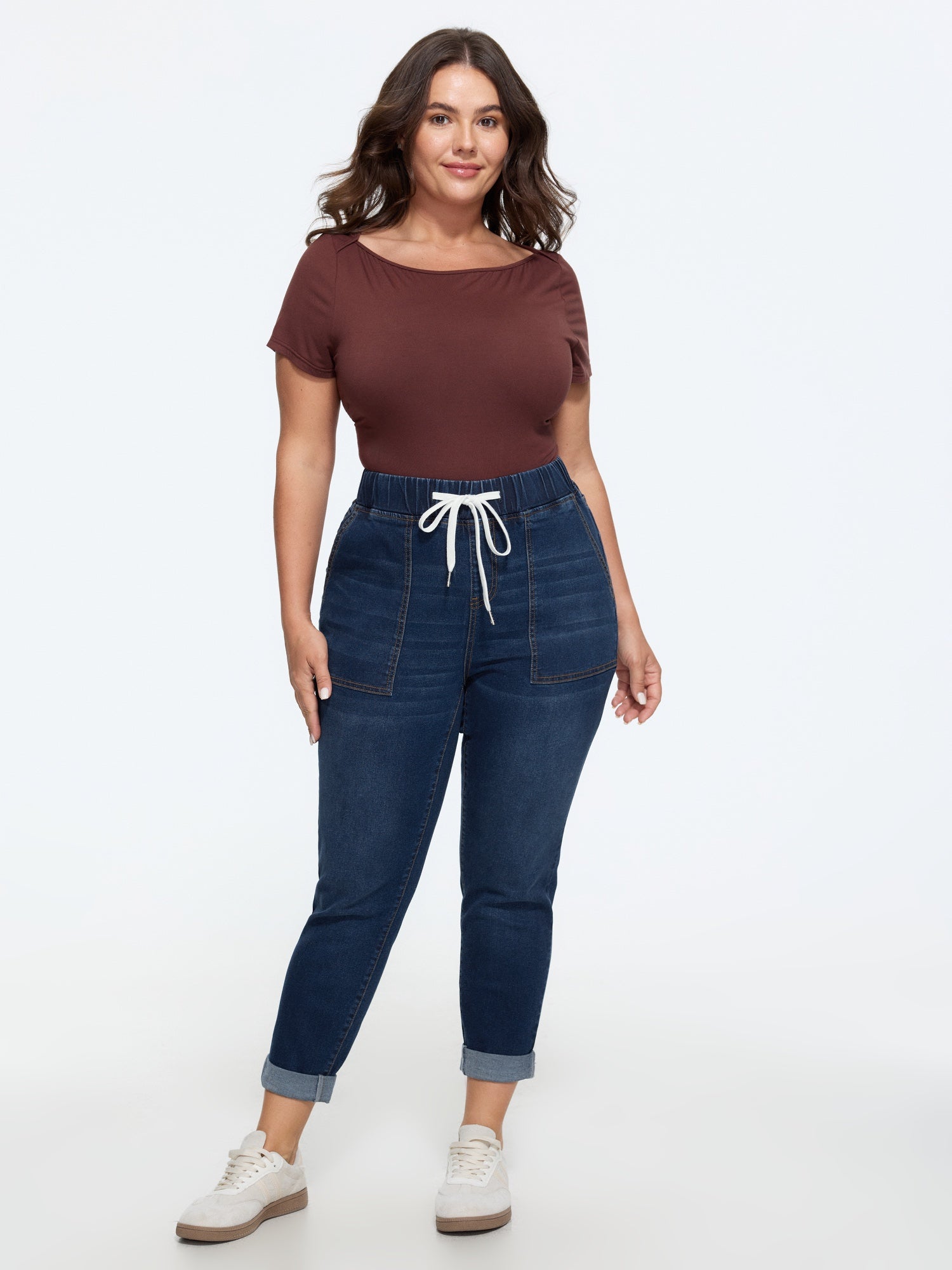 Pull-On Drawstring Folded Hem Boyfriend Jeans - Image 25