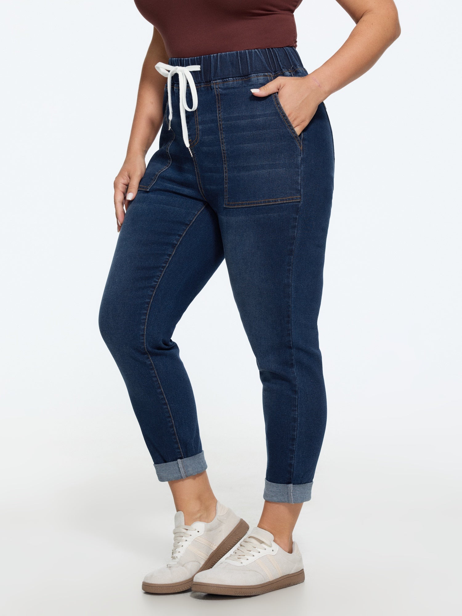 Pull-On Drawstring Folded Hem Boyfriend Jeans - Image 26