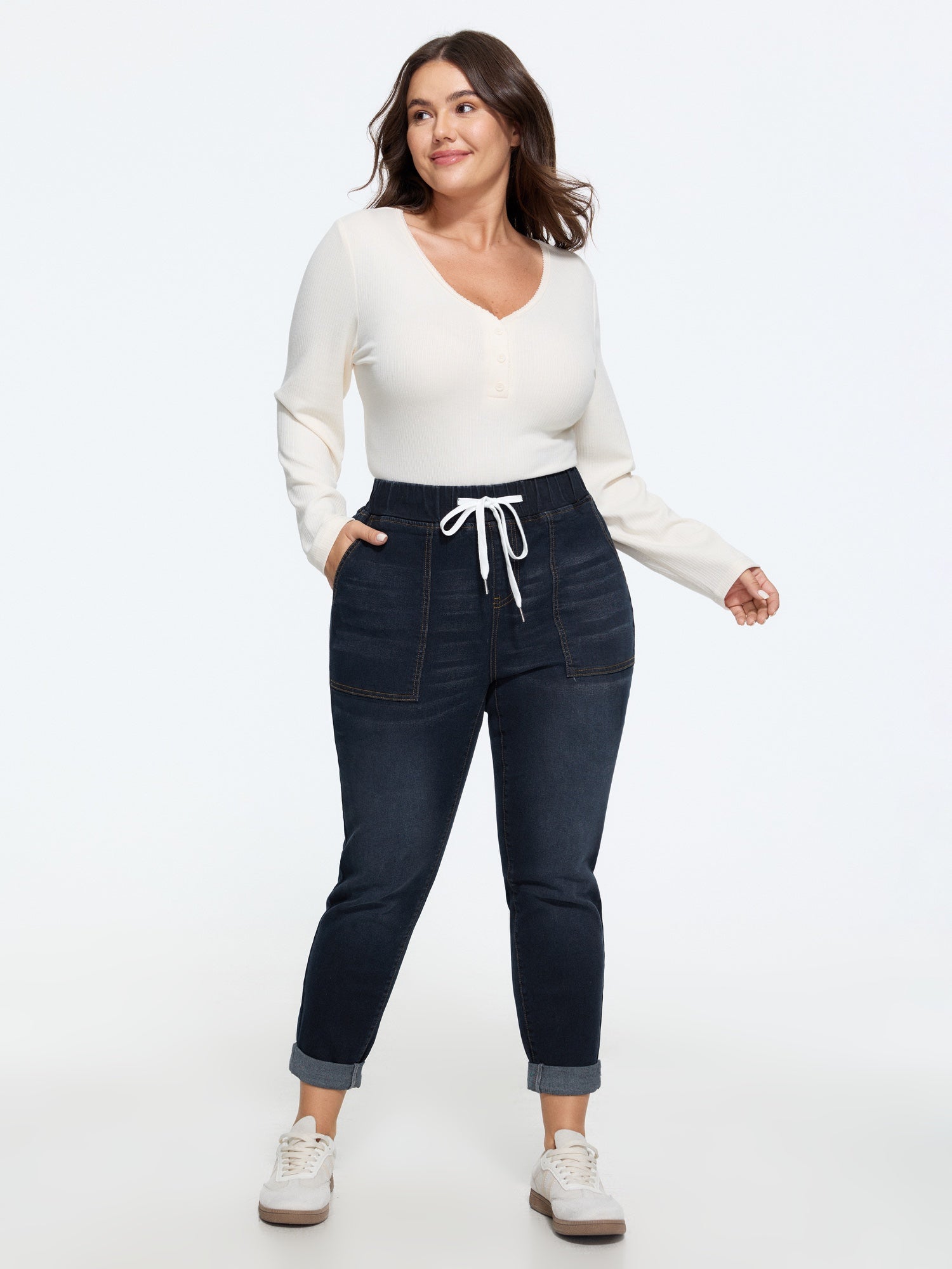Pull-On Drawstring Folded Hem Boyfriend Jeans - Image 19