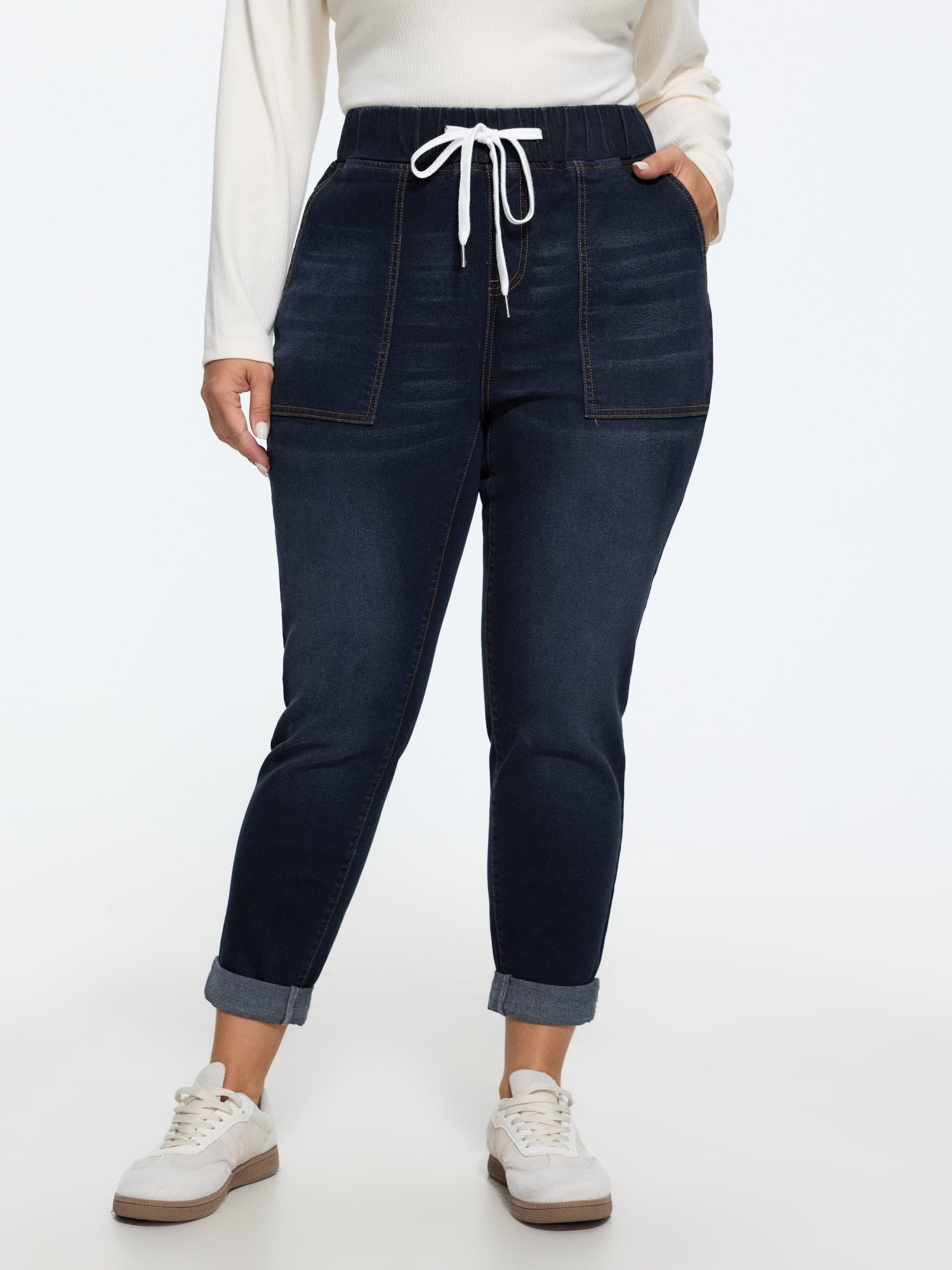 Pull-On Drawstring Folded Hem Boyfriend Jeans - Image 20