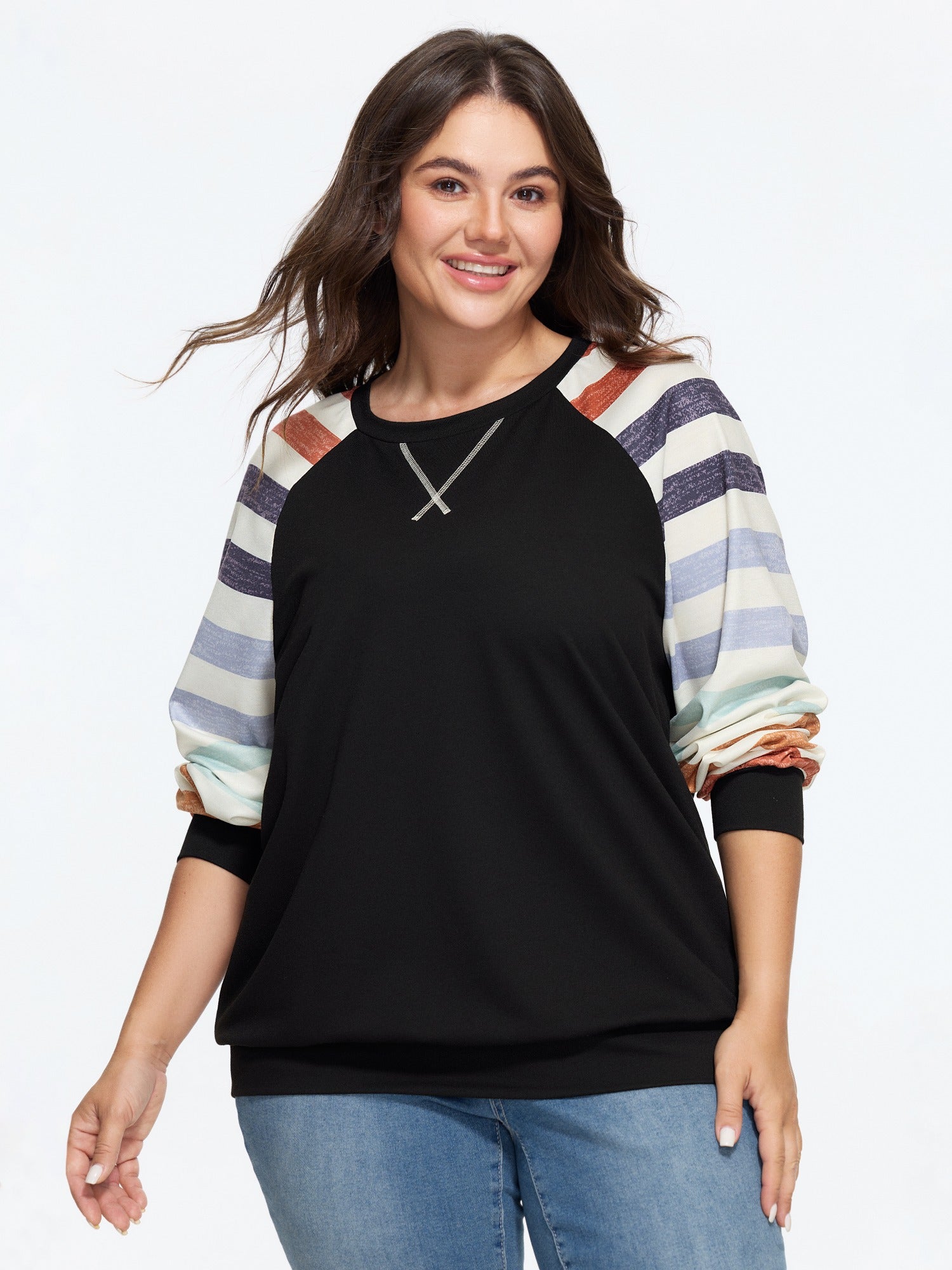 Supersoft Colorful Striped Sleeve Criss‑Cross Stitch Sweatshirt - Image 14