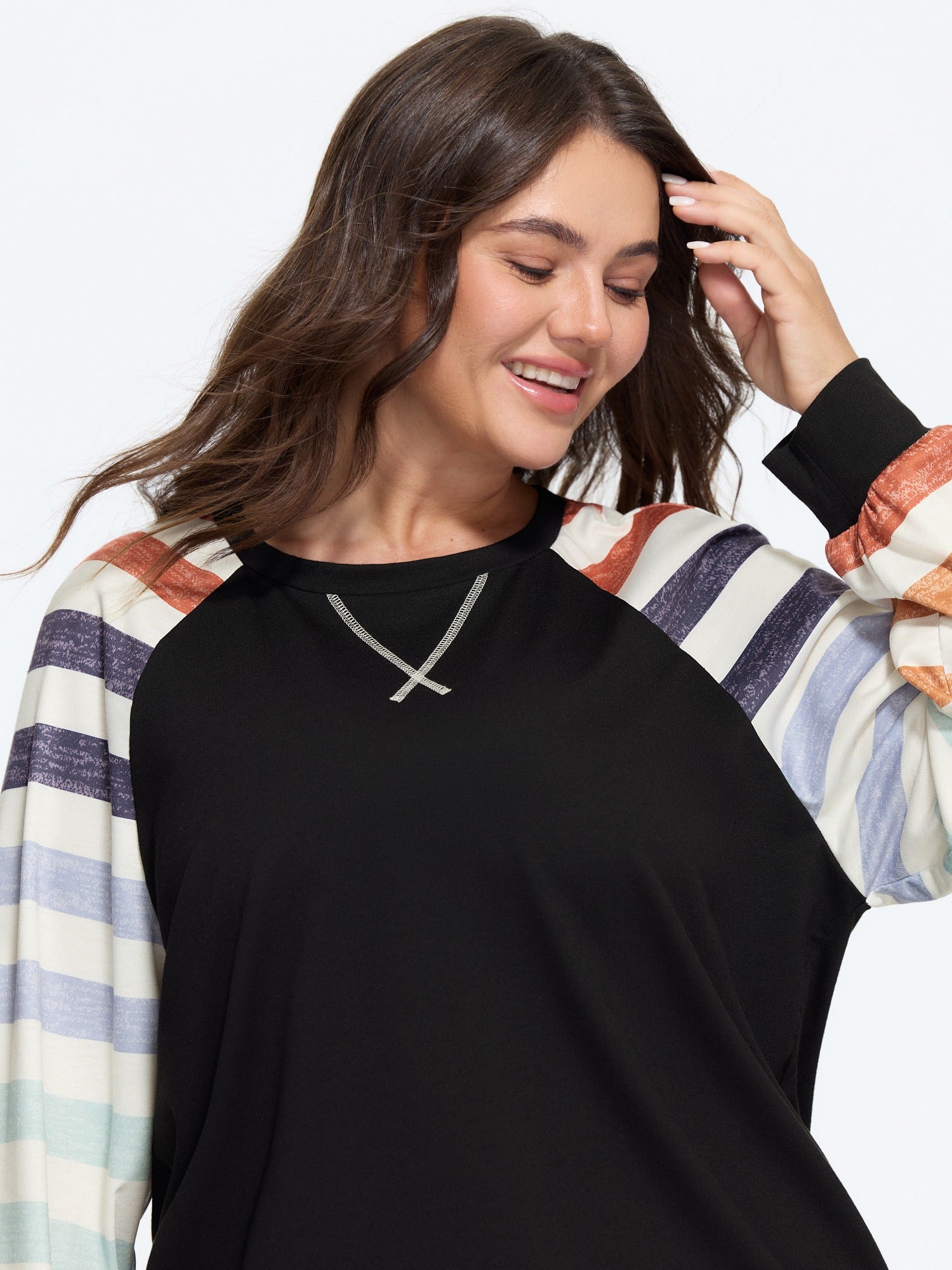 Supersoft Colorful Striped Sleeve Criss‑Cross Stitch Sweatshirt - Image 15