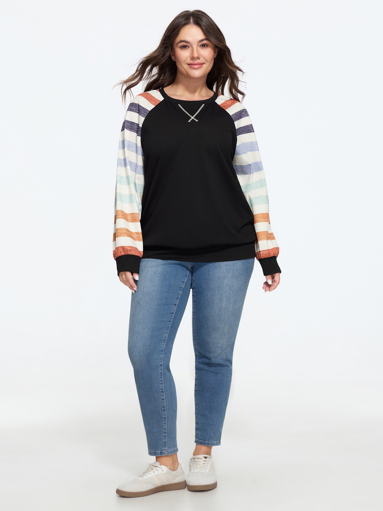 Supersoft Colorful Striped Sleeve Criss‑Cross Stitch Sweatshirt - Image 17