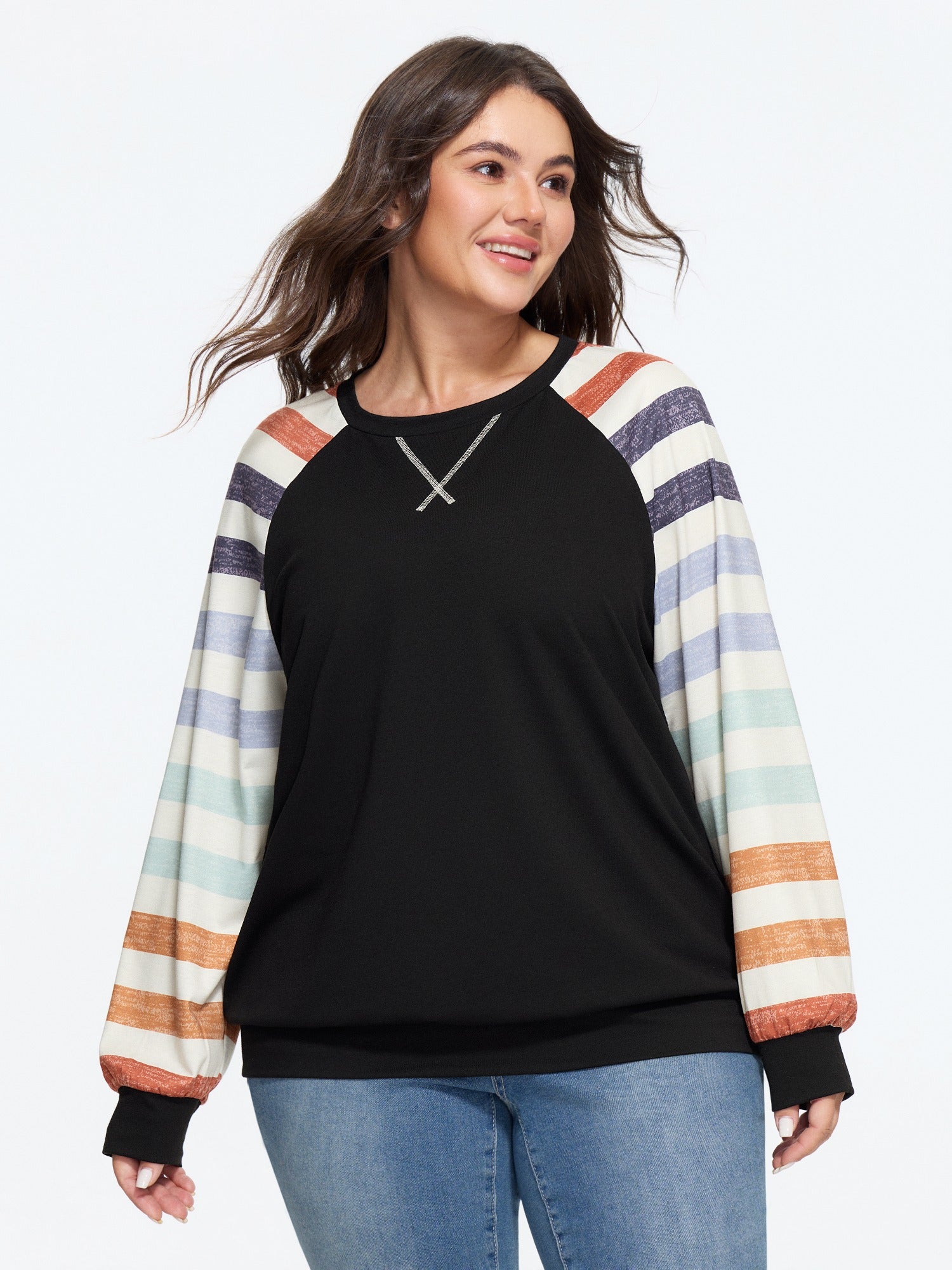 Supersoft Colorful Striped Sleeve Criss‑Cross Stitch Sweatshirt - Image 18
