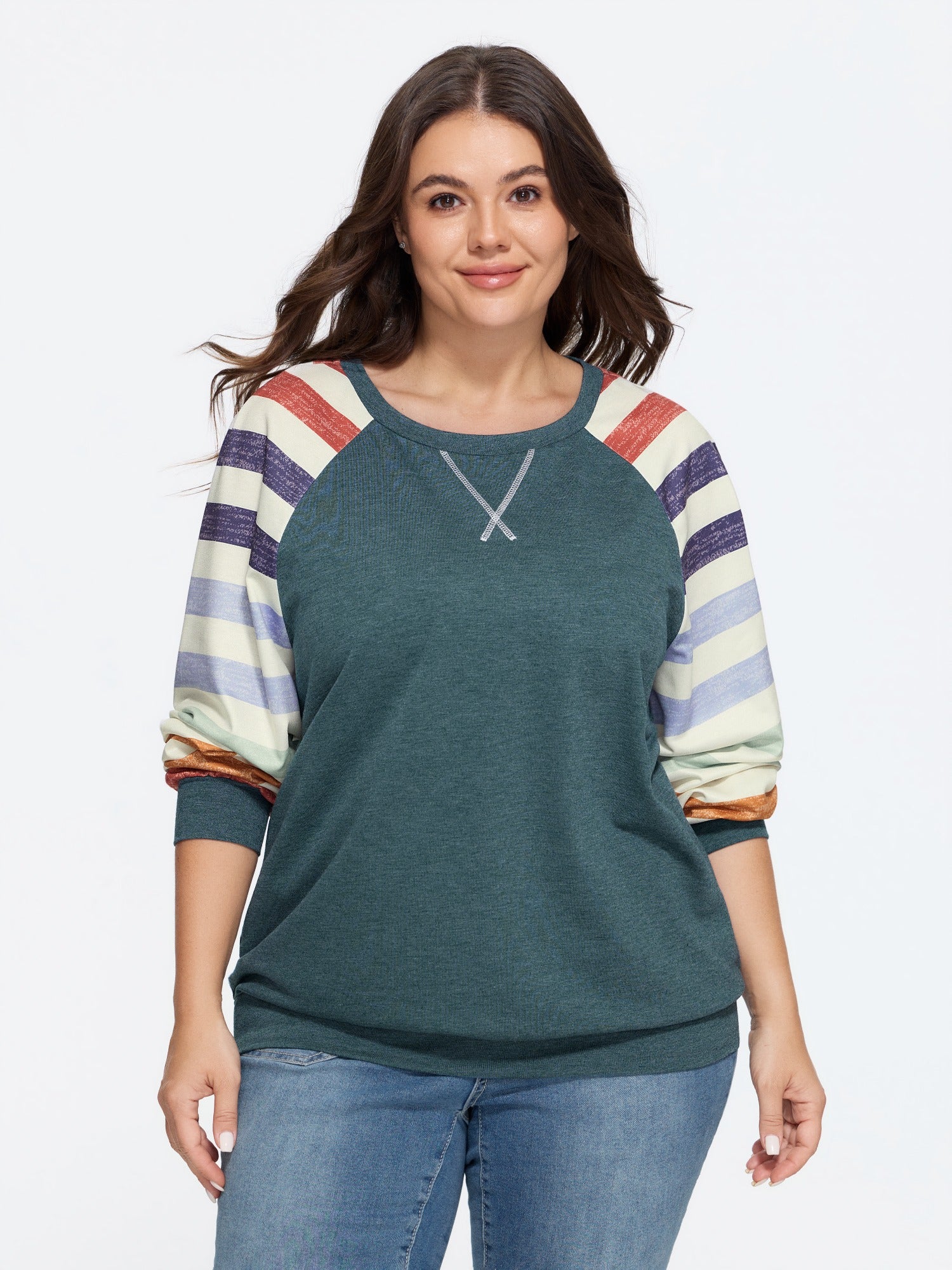 Supersoft Colorful Striped Sleeve Criss‑Cross Stitch Sweatshirt - Image 10