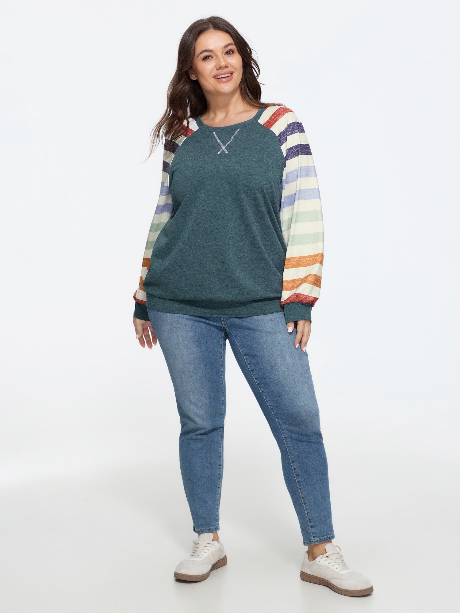 Supersoft Colorful Striped Sleeve Criss‑Cross Stitch Sweatshirt - Image 12