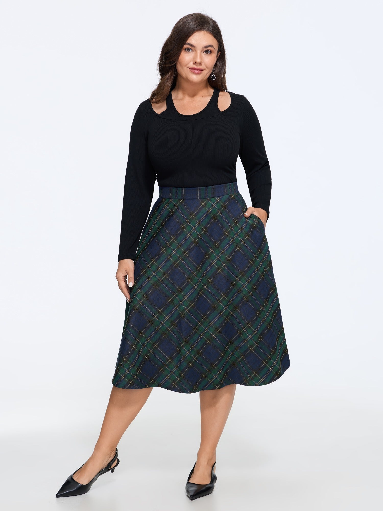 Tartan Plaid Elastic Waist Midi Skirt - Image 2