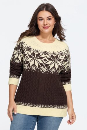 Crew Neck Color Contrast Cable Knit Pullover