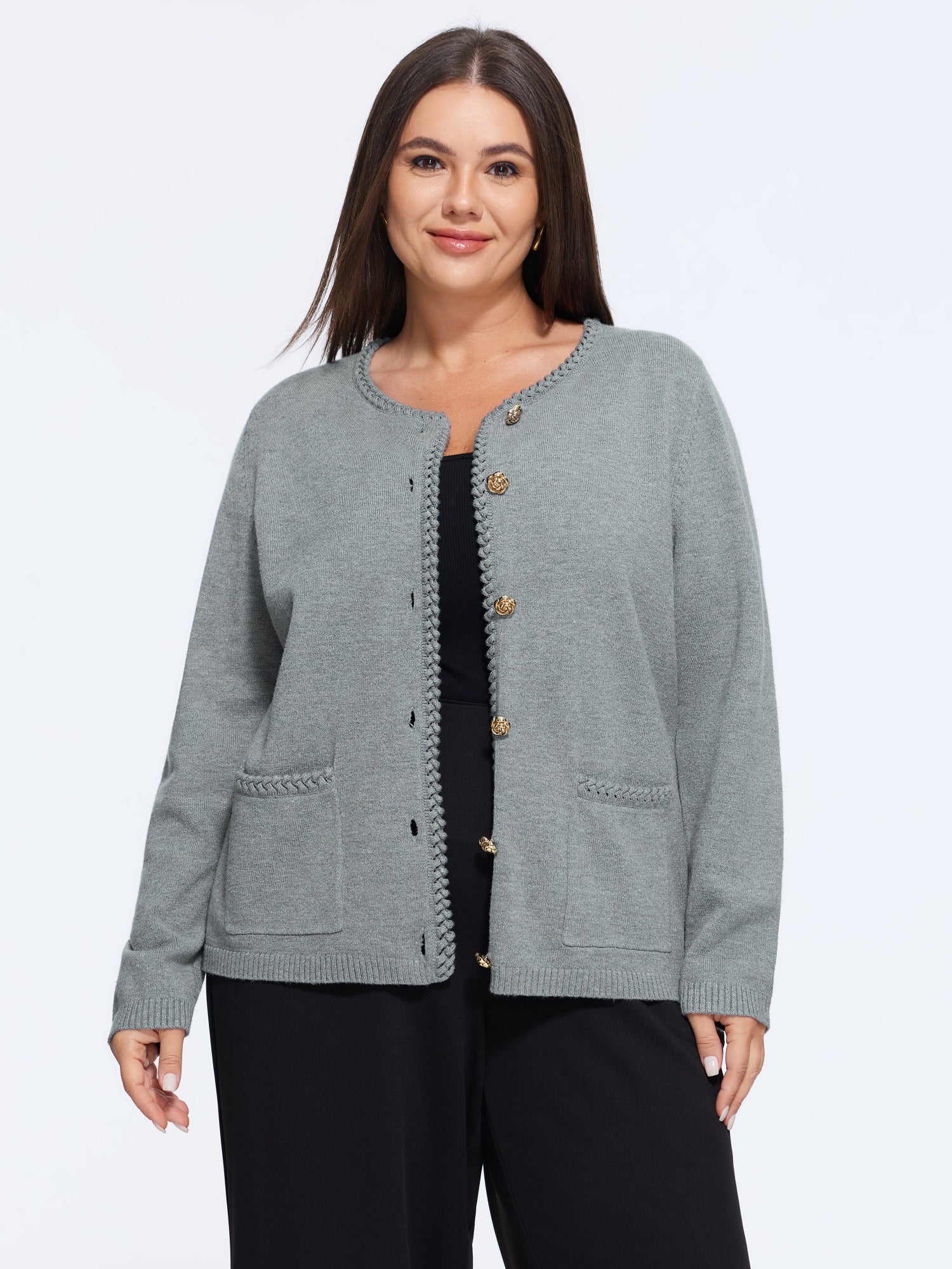 Supersoft Braided Trim Gold Button Cardigan - Image 5