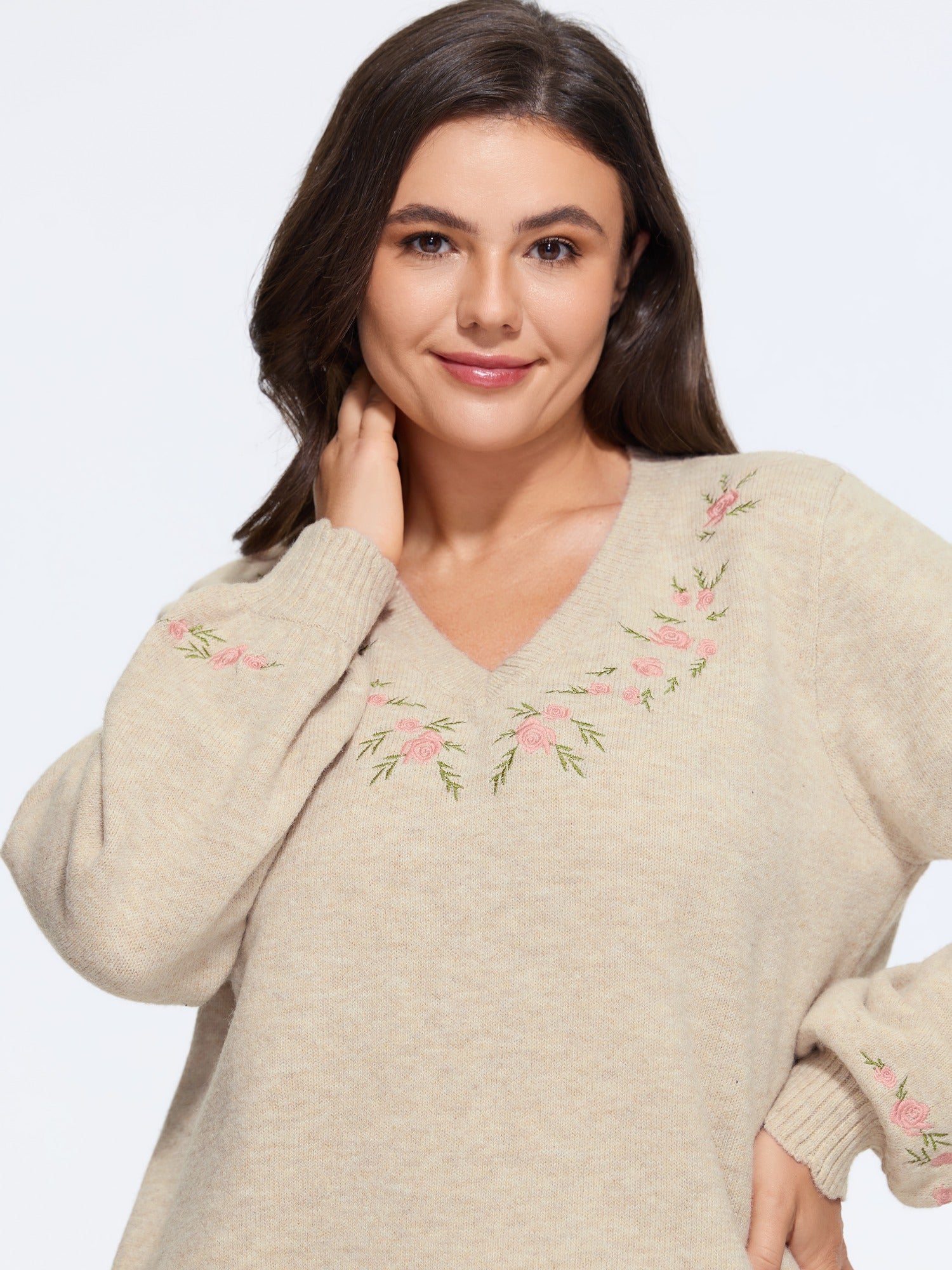 Floral Embroidered V Neck Long Sleeve Pullover