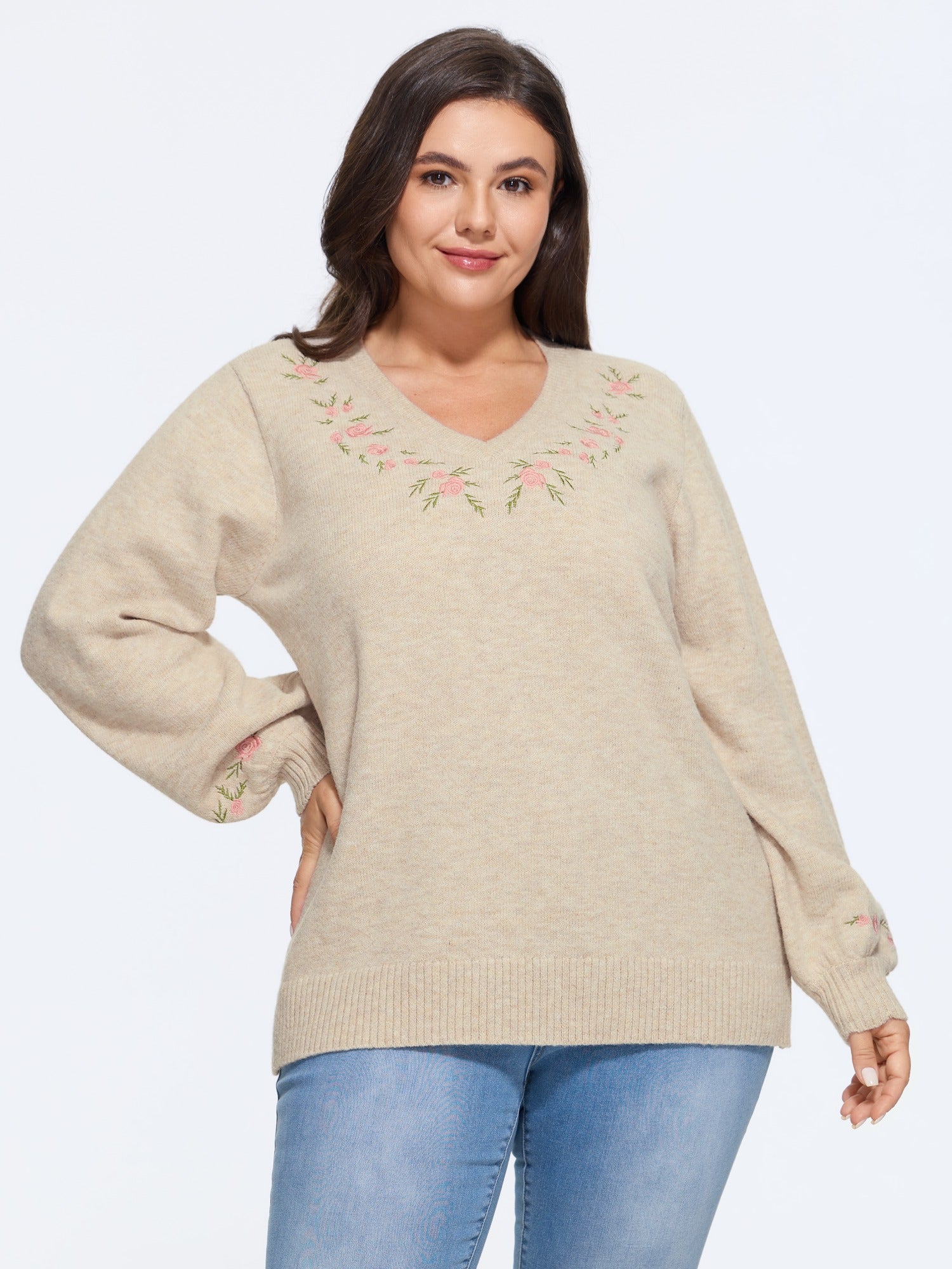 Floral Embroidered V Neck Long Sleeve Pullover - Image 2