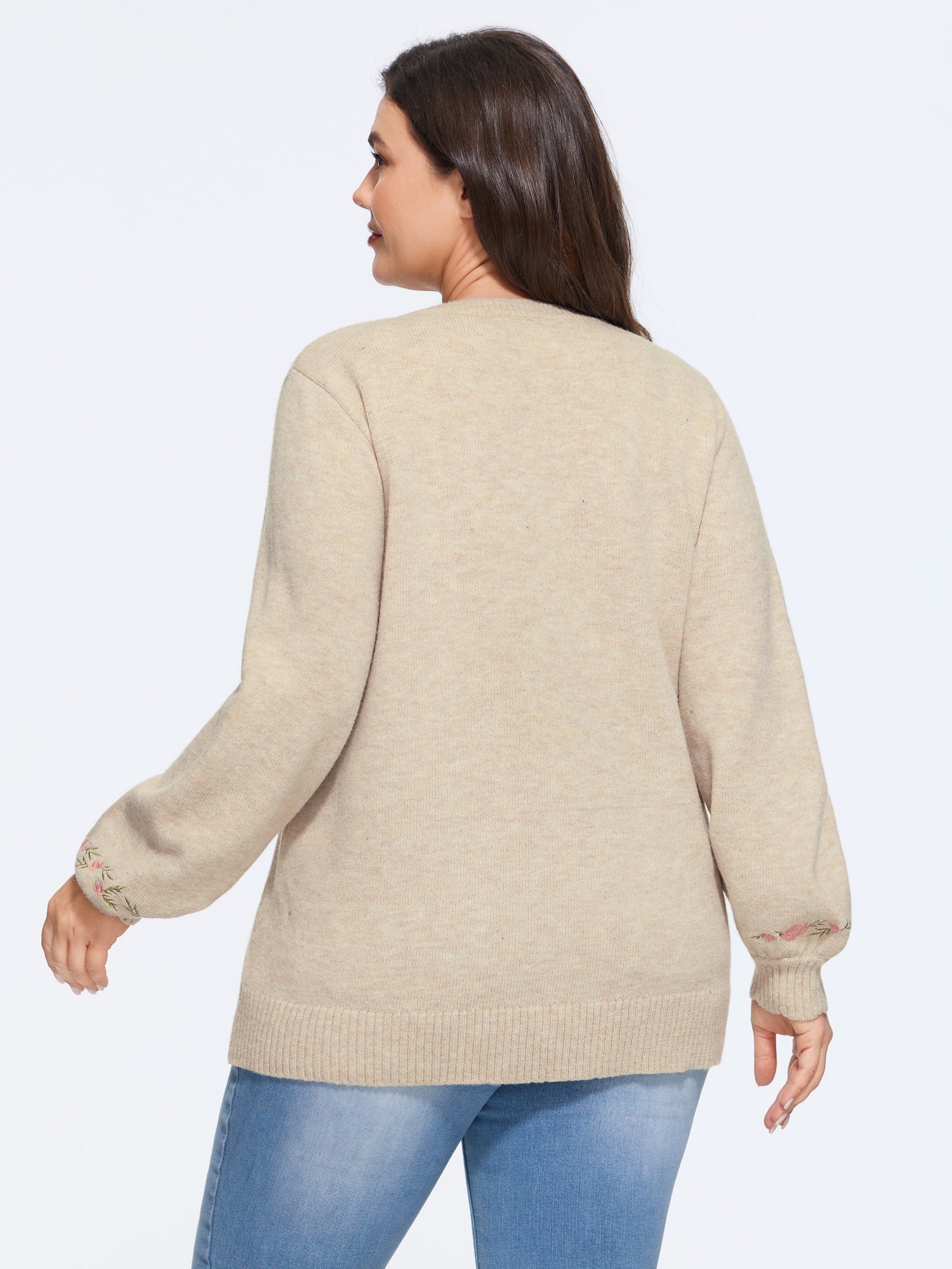 Floral Embroidered V Neck Long Sleeve Pullover - Image 3