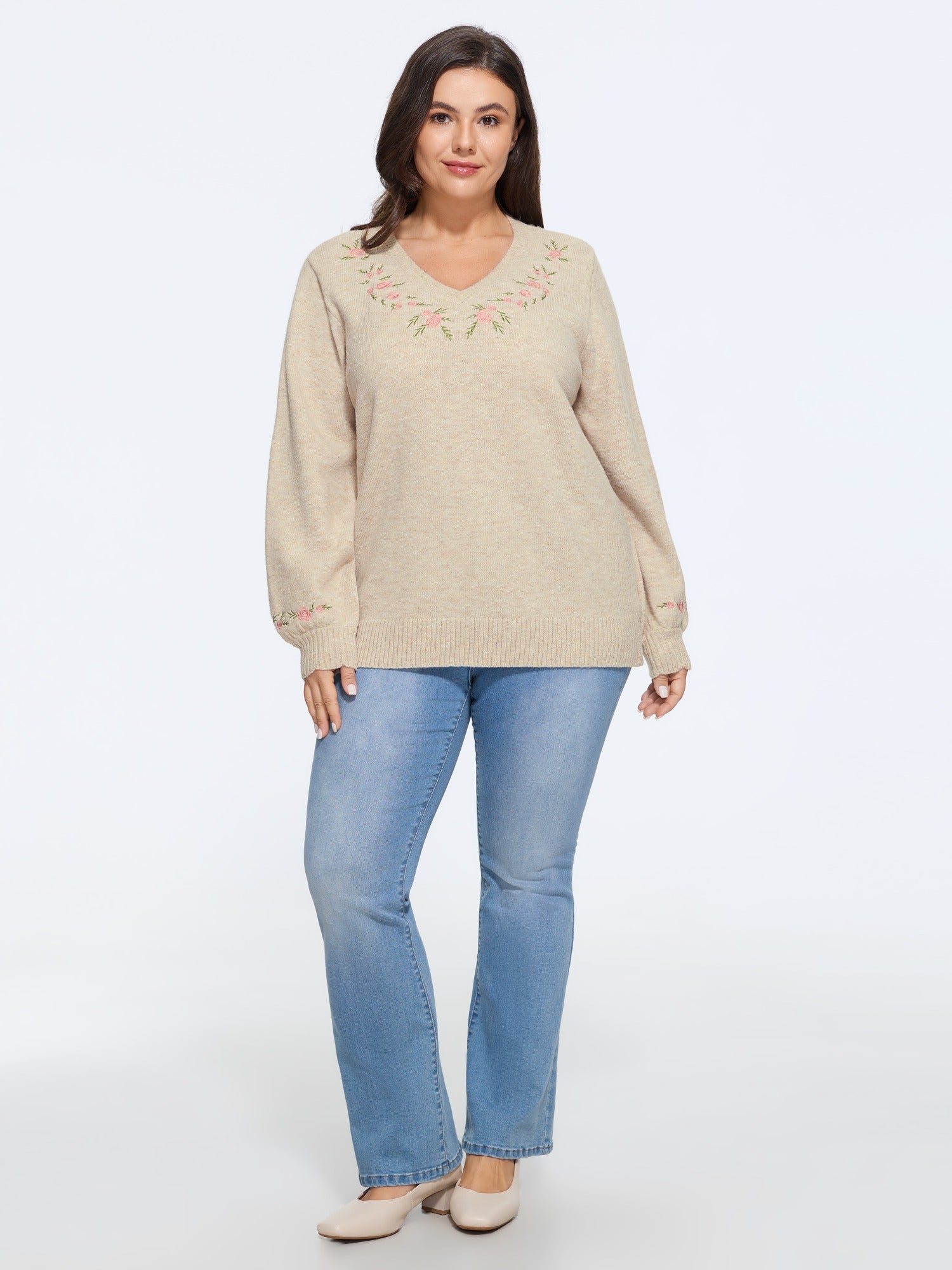 Floral Embroidered V Neck Long Sleeve Pullover - Image 4