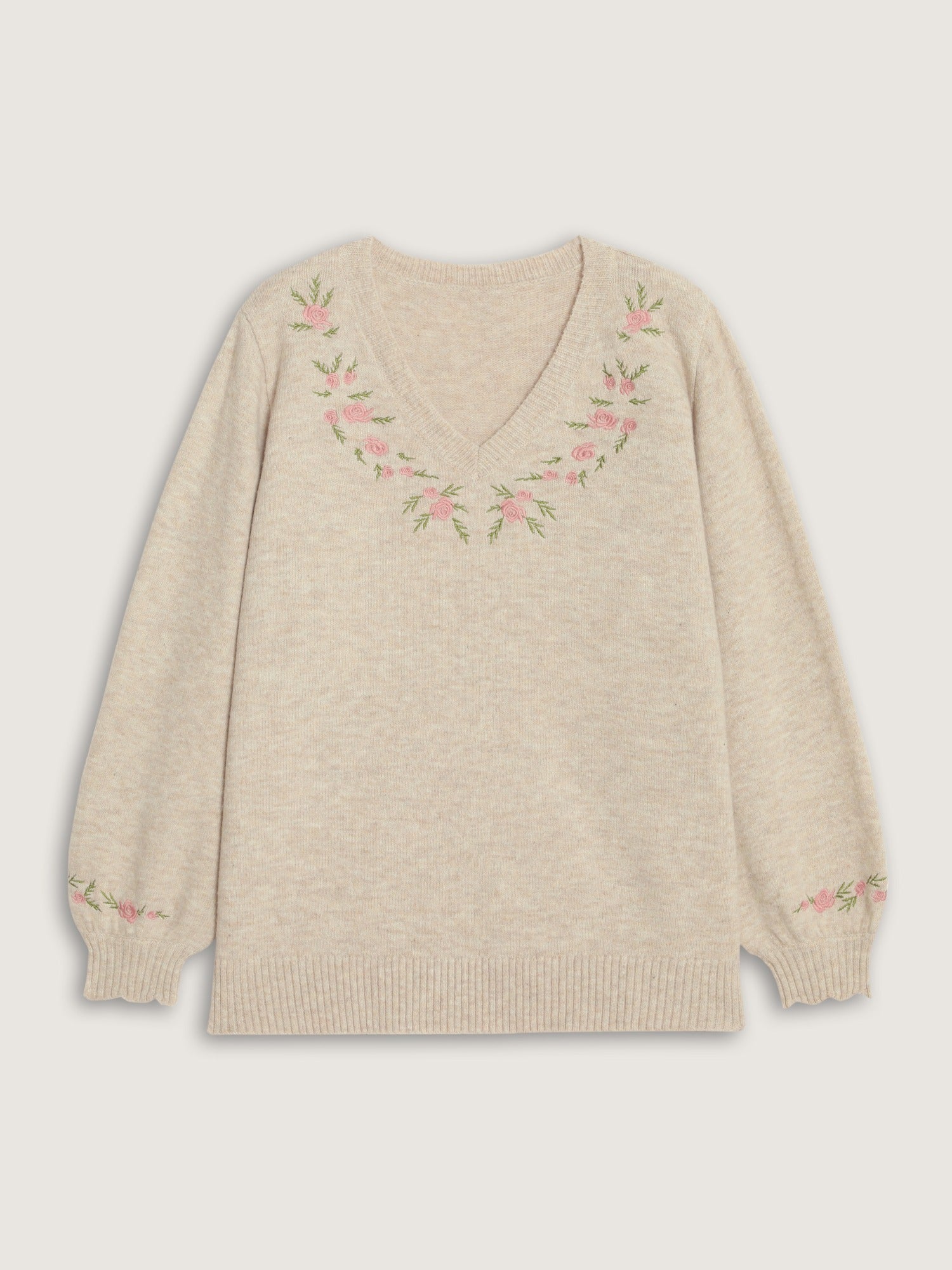 Floral Embroidered V Neck Long Sleeve Pullover - Image 7