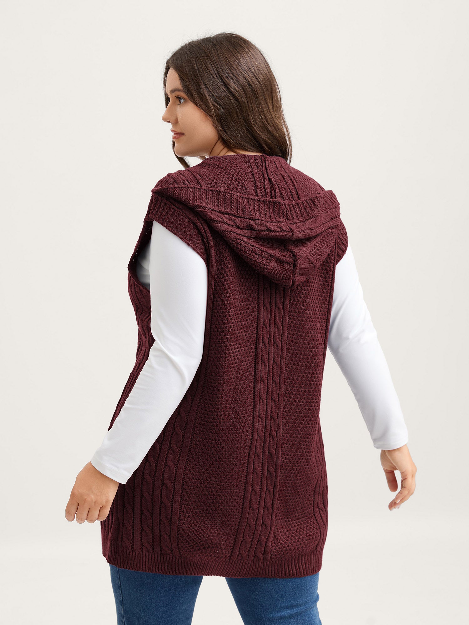 Hooded Sleeveless Cable Knit Cardigan - Image 34