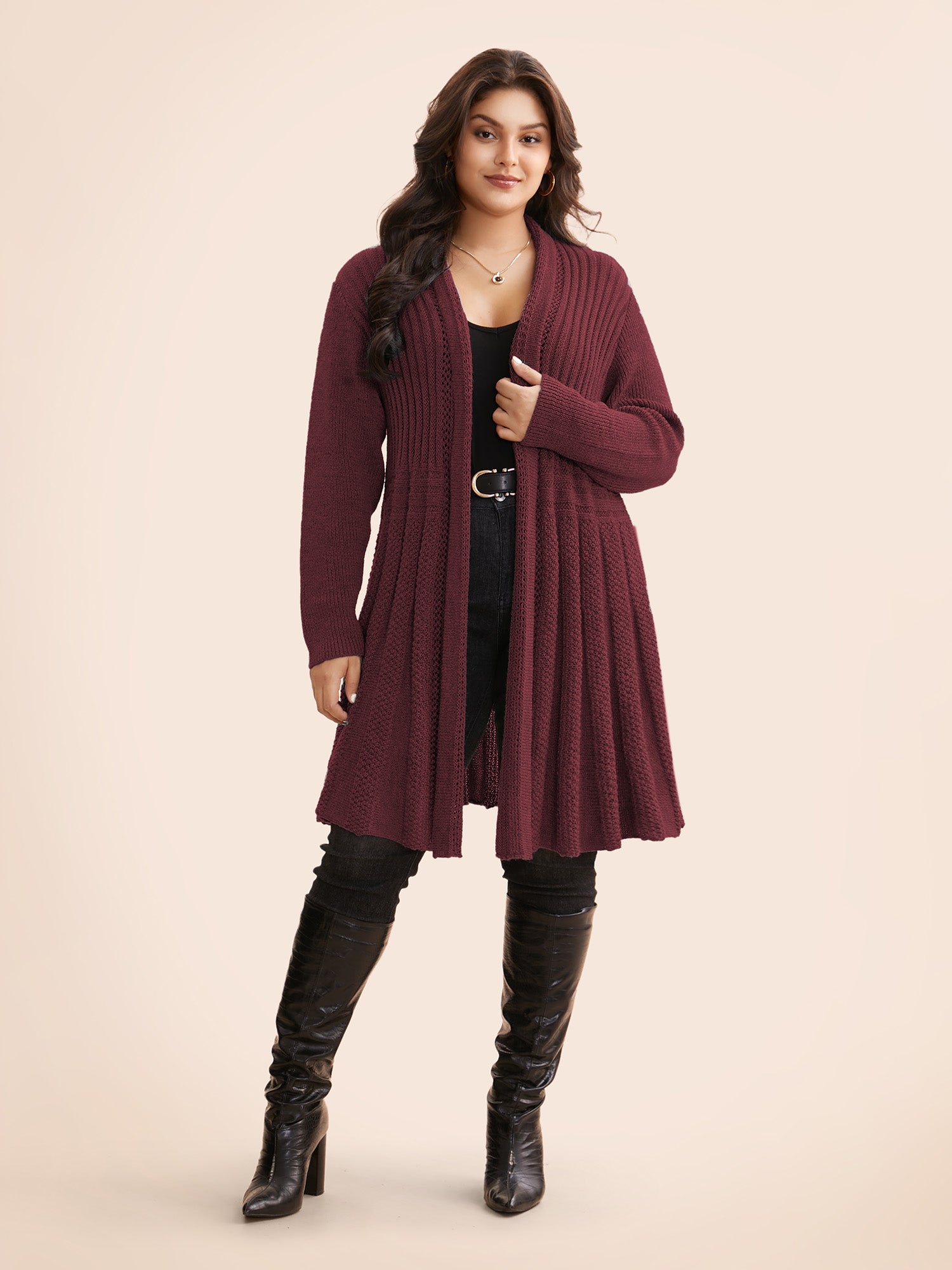 Textured Kimono Collar Long Cardigan - Image 34