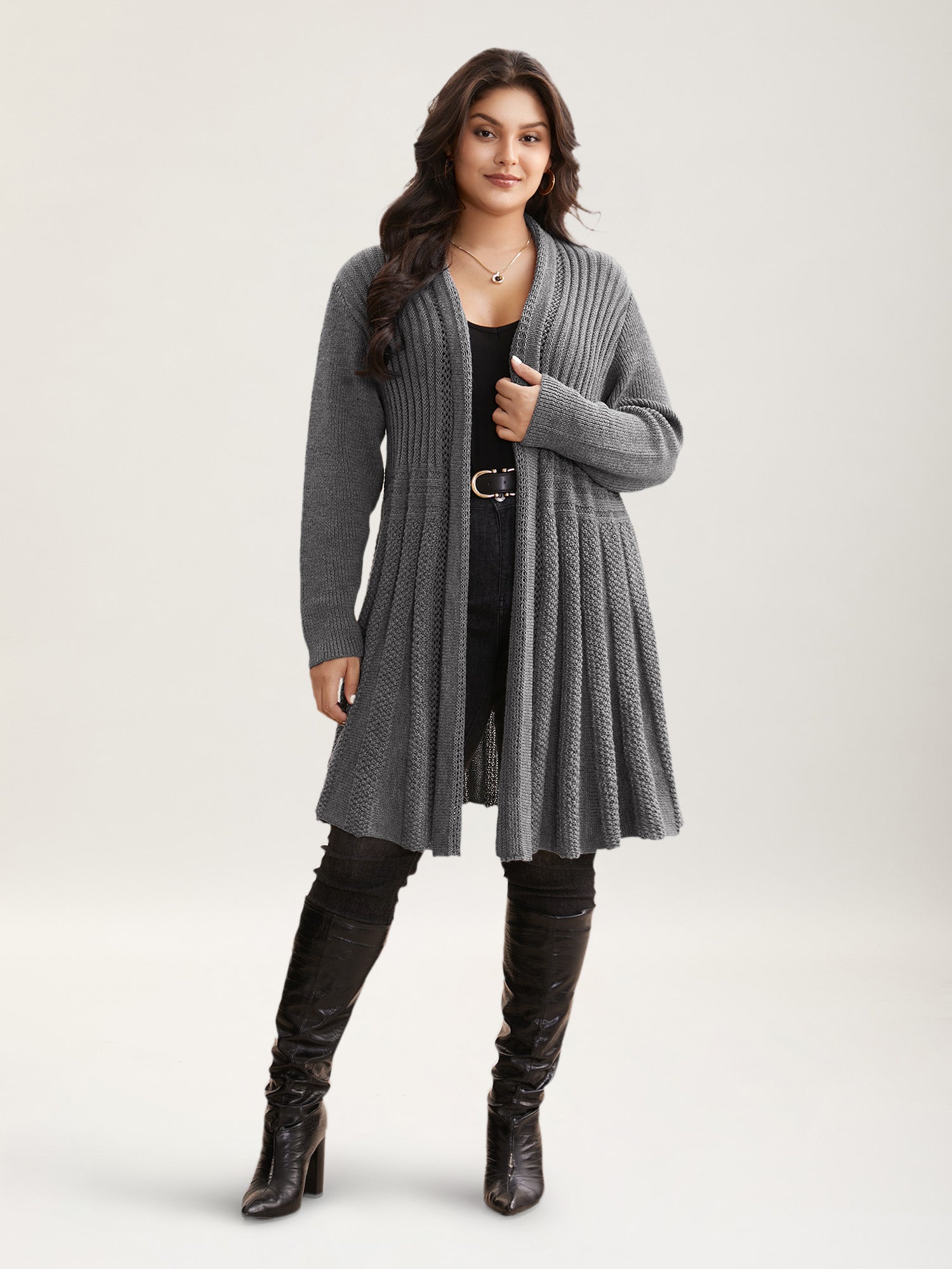 Textured Kimono Collar Long Cardigan - Image 14