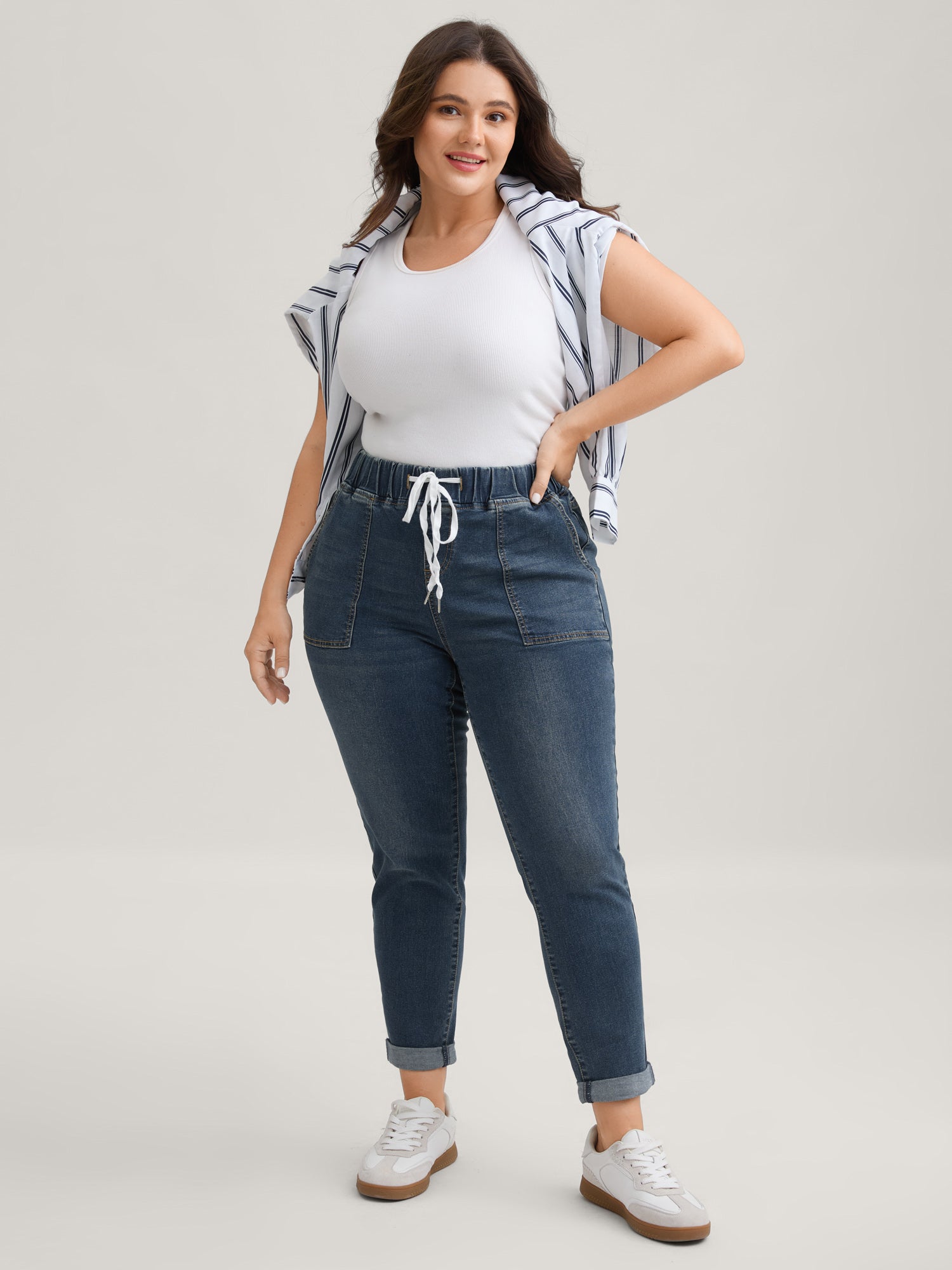 Pull-On Drawstring Folded Hem Boyfriend Jeans - Image 3