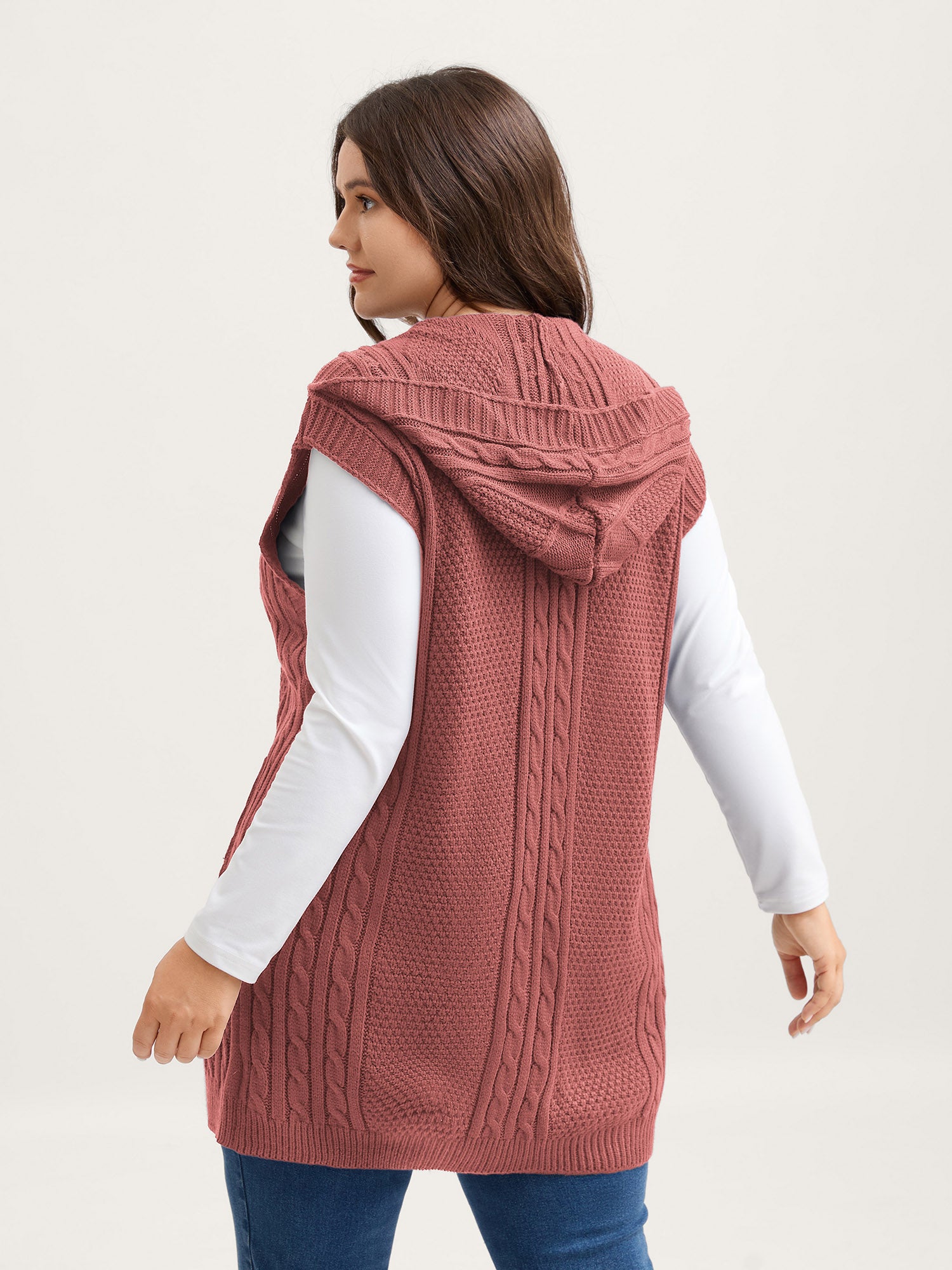 Hooded Sleeveless Cable Knit Cardigan - Image 38