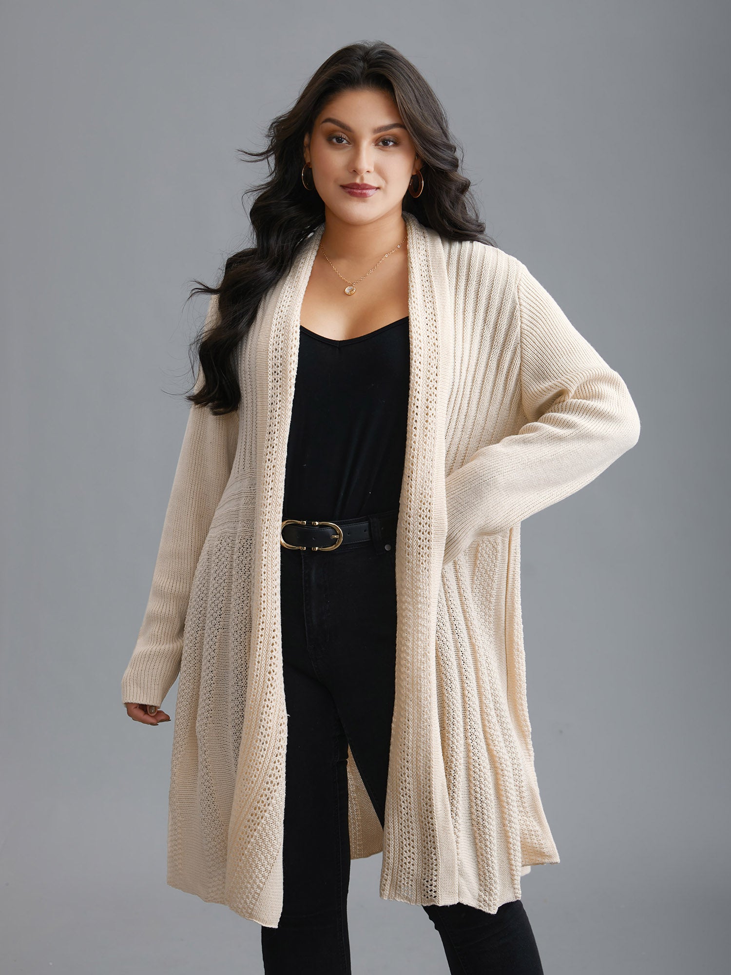 Textured Kimono Collar Long Cardigan - Image 30