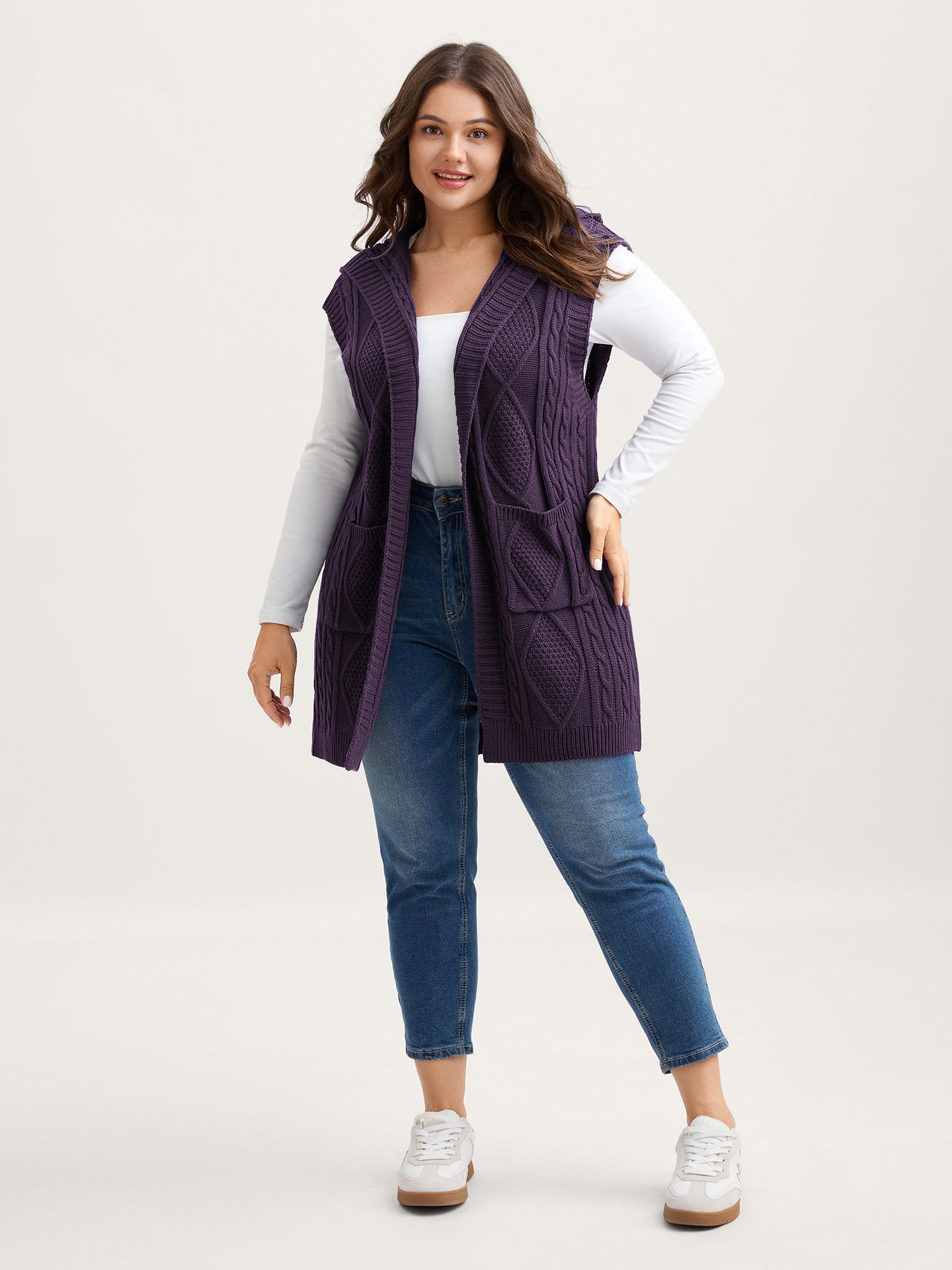 Hooded Sleeveless Cable Knit Cardigan - Image 25