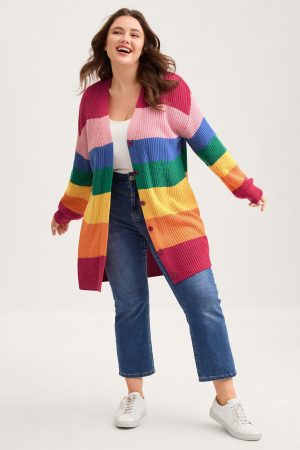 Colorblock Contrast Texture Button Cardigan