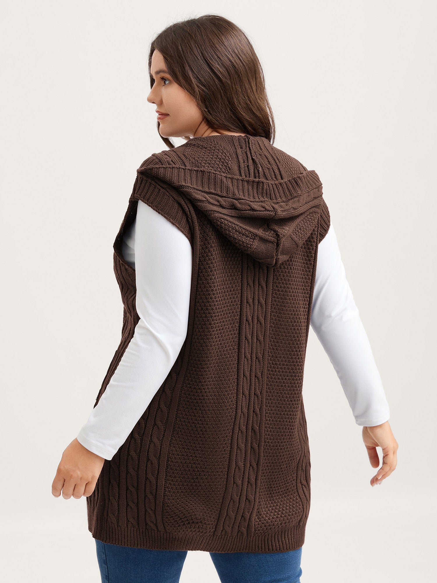 Hooded Sleeveless Cable Knit Cardigan - Image 22