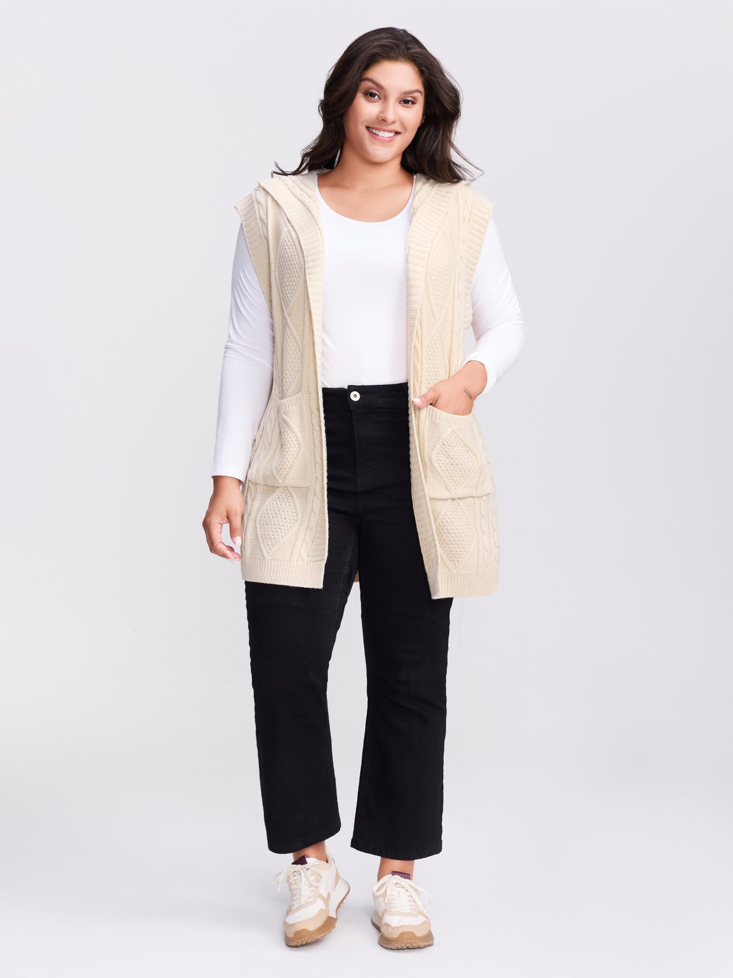 Hooded Sleeveless Cable Knit Cardigan - Image 46