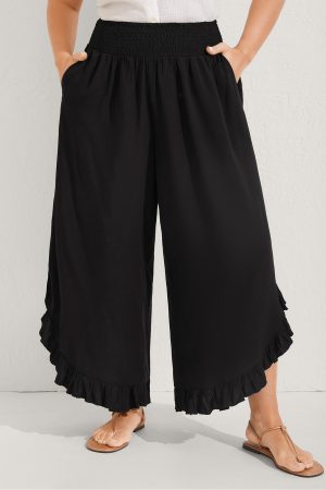 Ruffled Curvy Hem Wide-Leg Pants