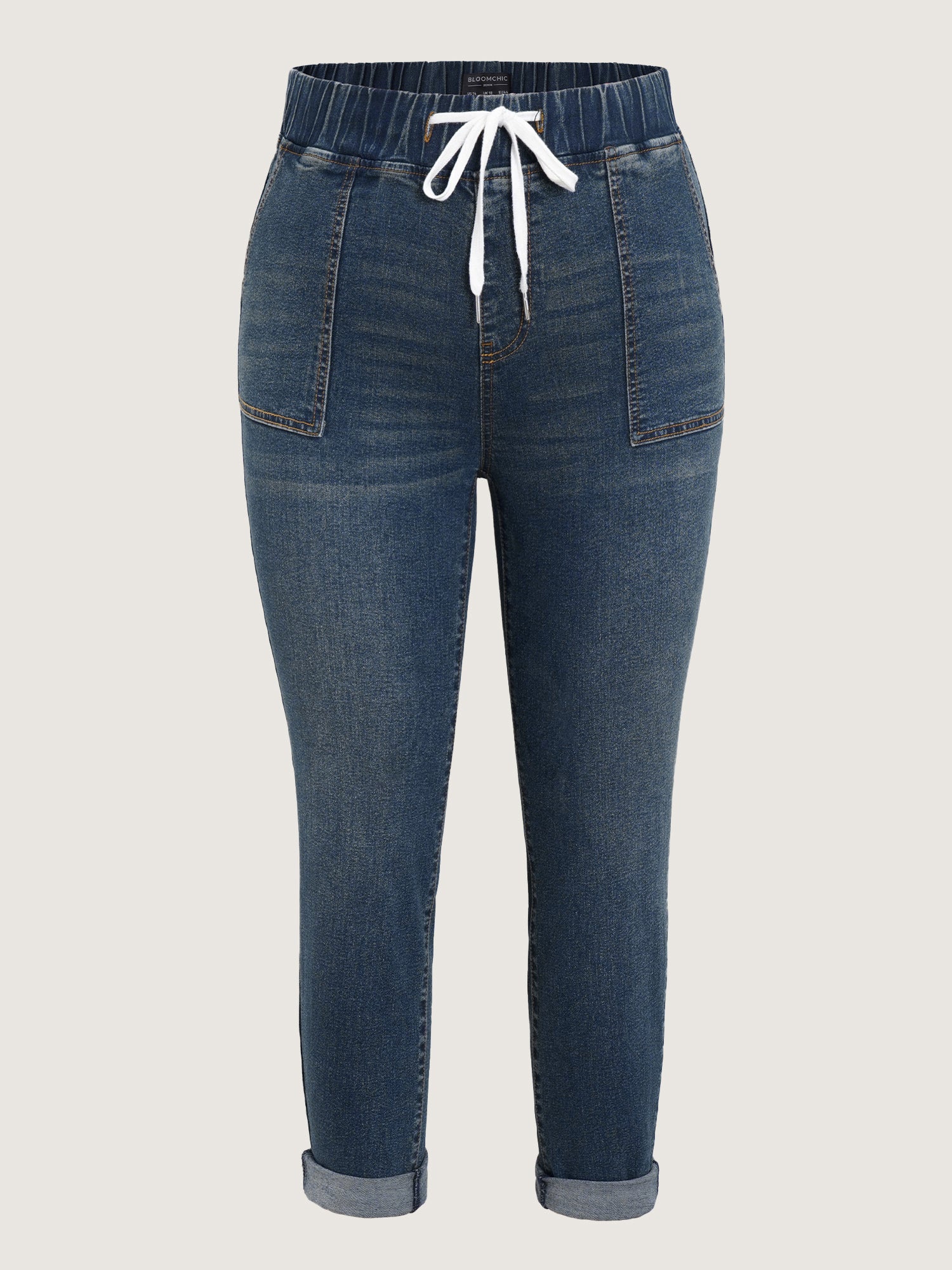 Pull-On Drawstring Folded Hem Boyfriend Jeans - Image 9