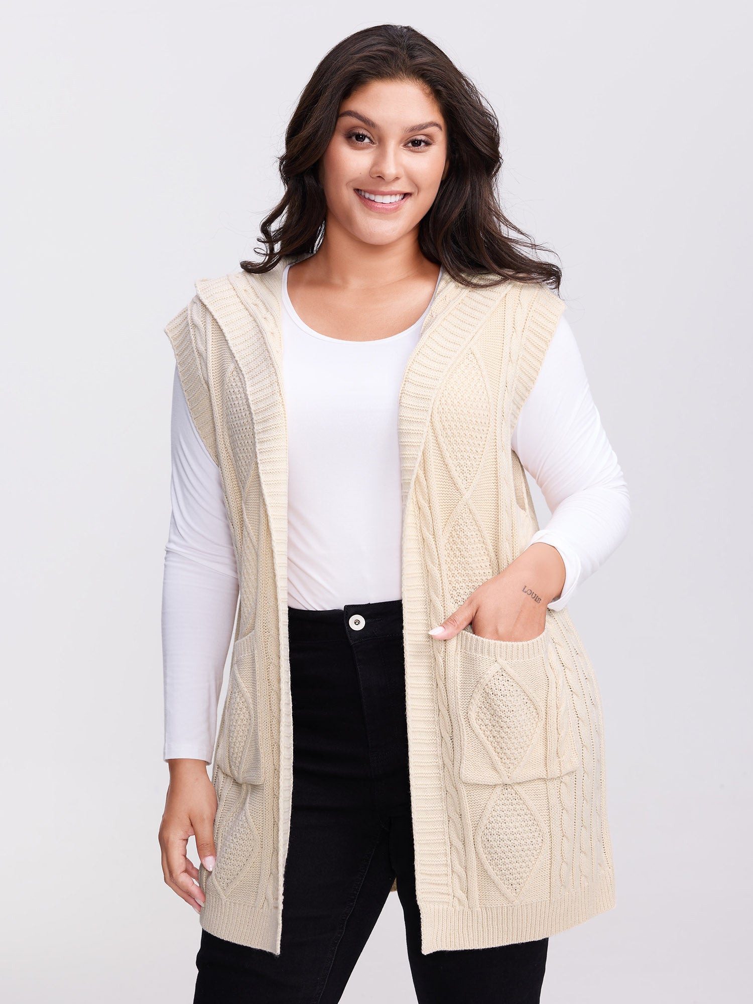 Hooded Sleeveless Cable Knit Cardigan - Image 45