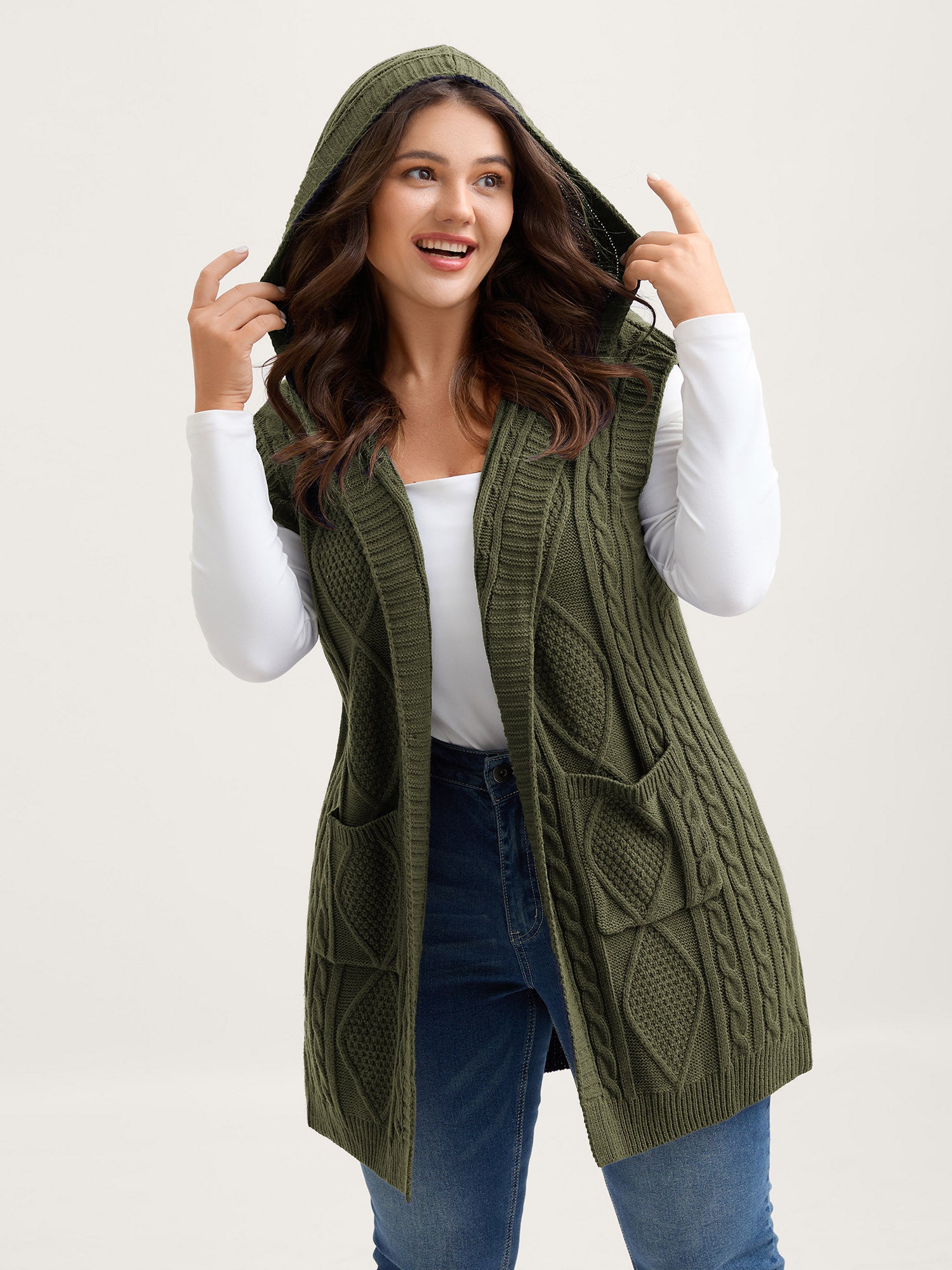 Hooded Sleeveless Cable Knit Cardigan - Image 15