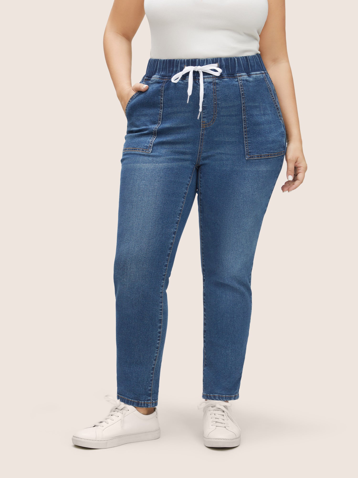 Pull-On Drawstring Folded Hem Boyfriend Jeans - Image 17