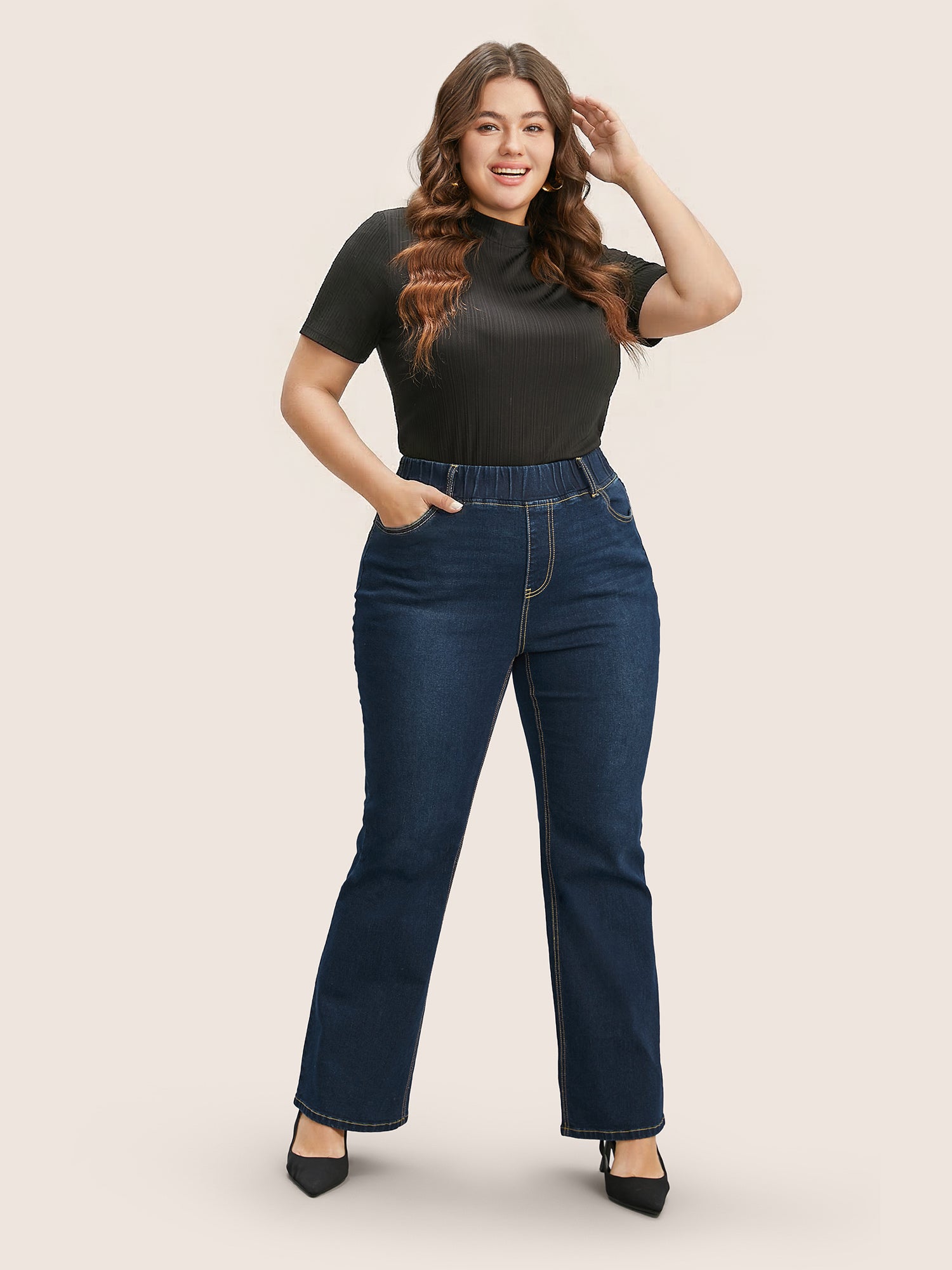 Elastic Waist Stretchy Bootcut Flared Jeans - Image 3