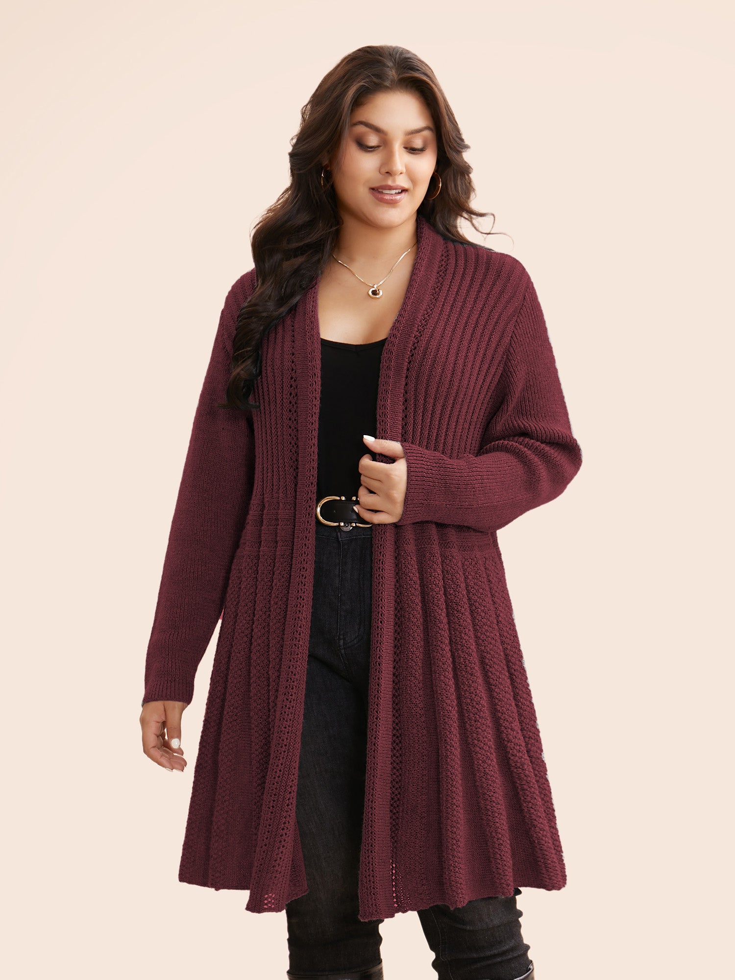 Textured Kimono Collar Long Cardigan - Image 31